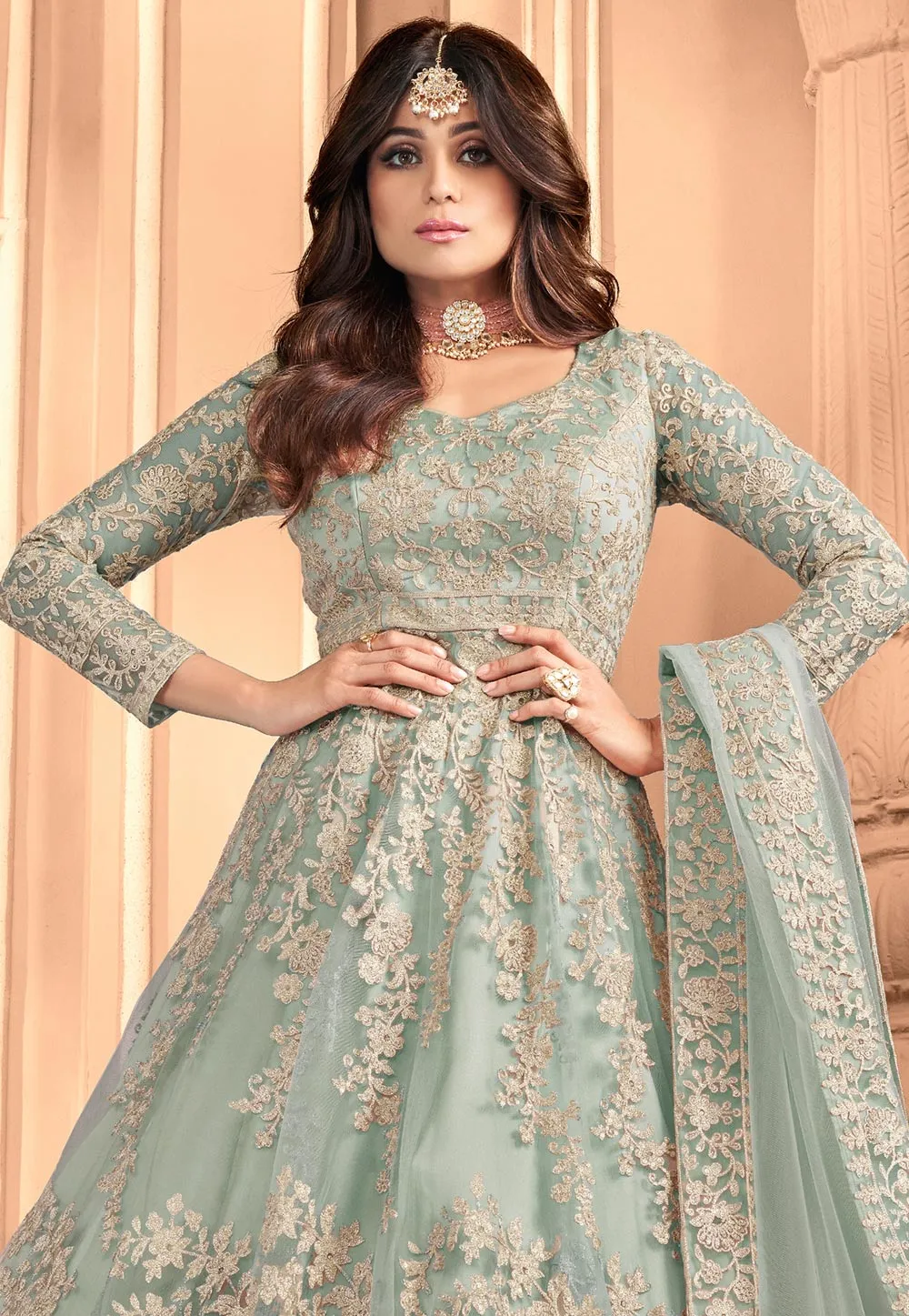 Ice Blue Shamita Shetty Net Floor Length Anarkali Suit