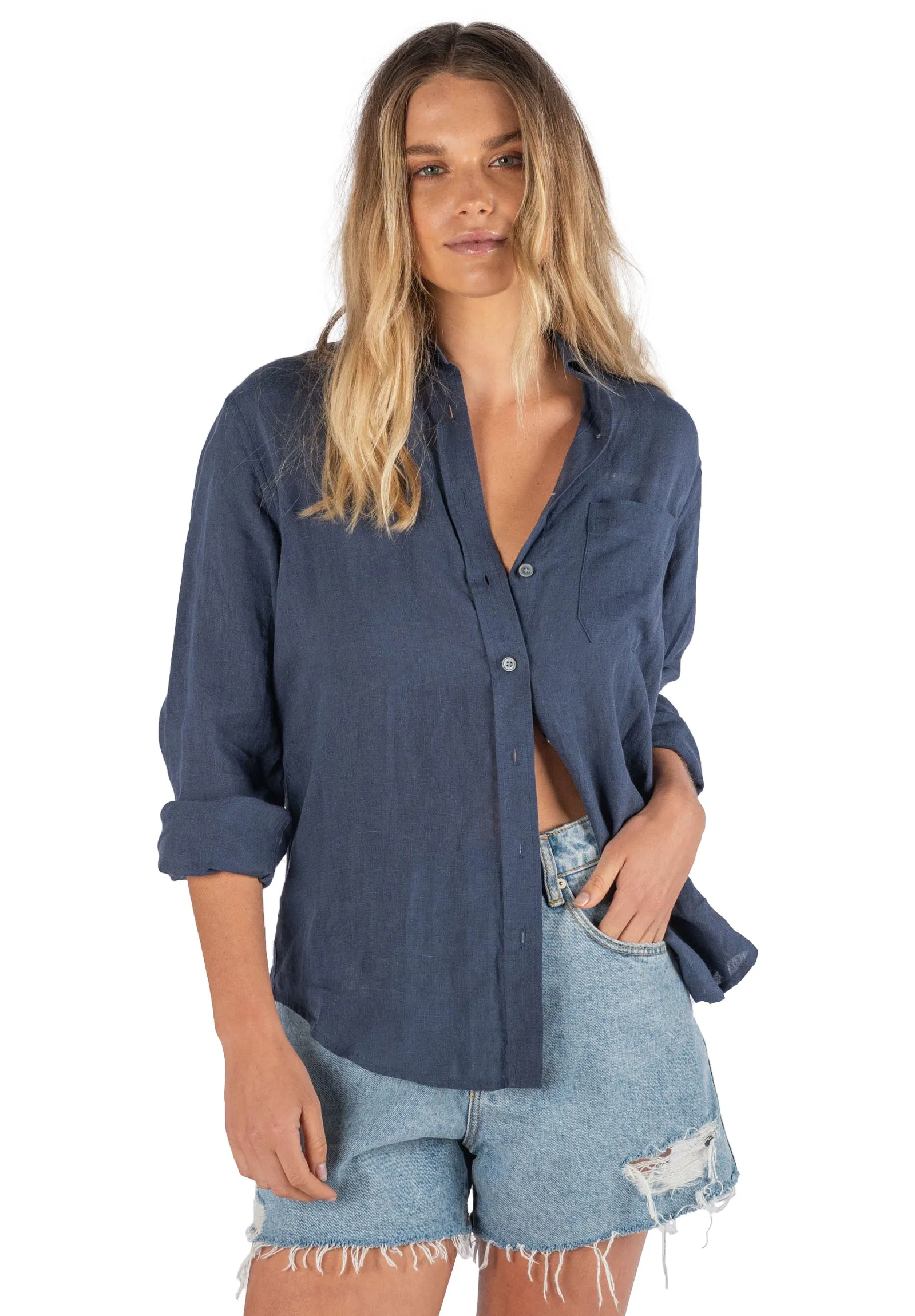 Iris Washed Blue Classic Fit Linen Shirt