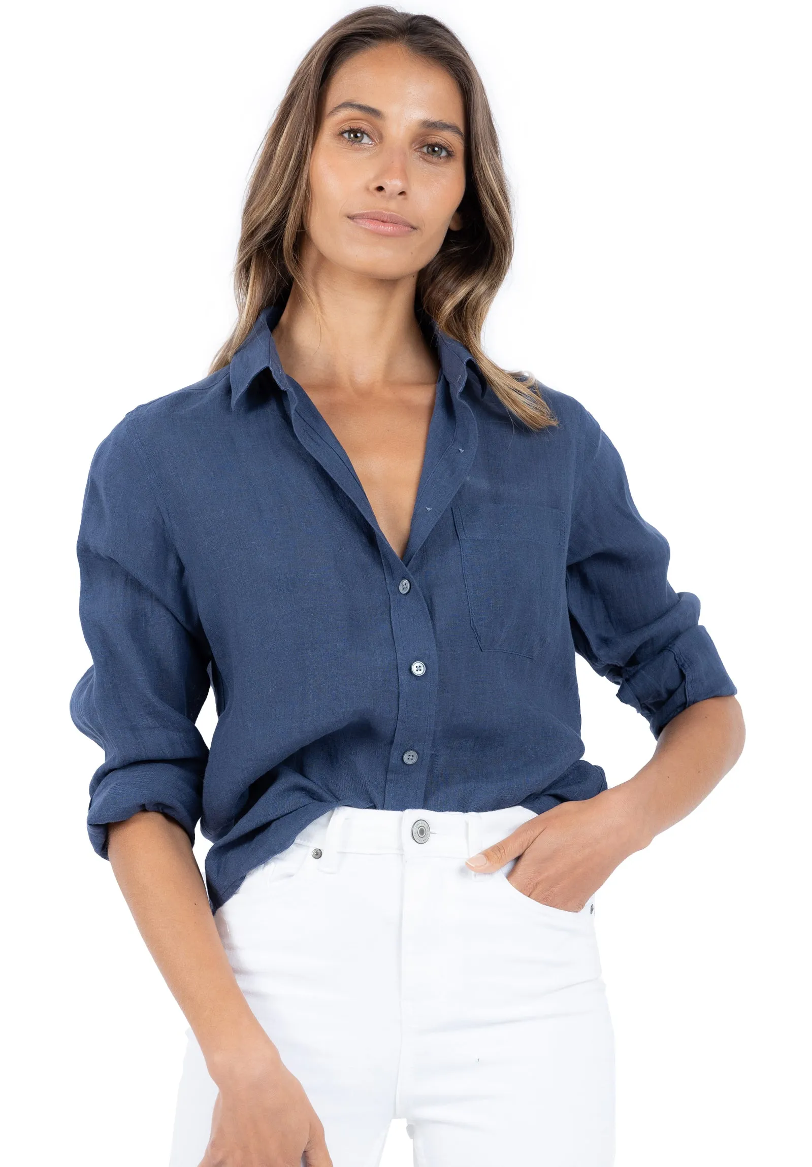 Iris Washed Blue Classic Fit Linen Shirt