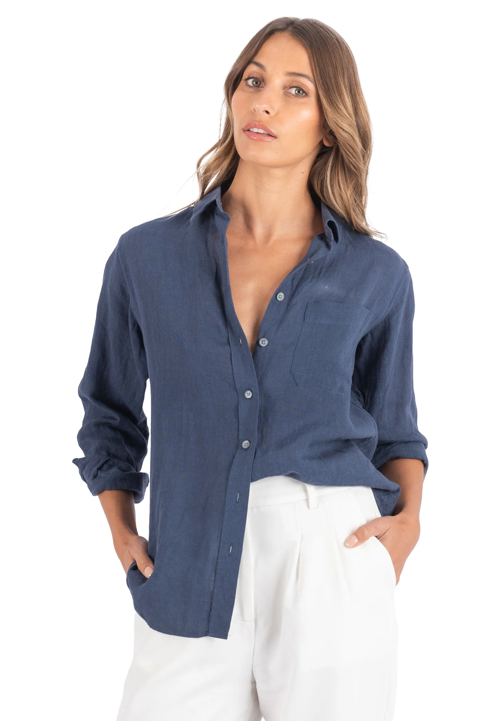 Iris Washed Blue Classic Fit Linen Shirt