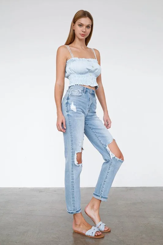 Logan High Waist Destroyed Hem Boyfriend Jeans