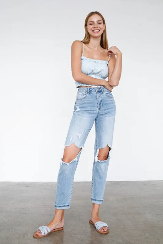 Logan High Waist Destroyed Hem Boyfriend Jeans