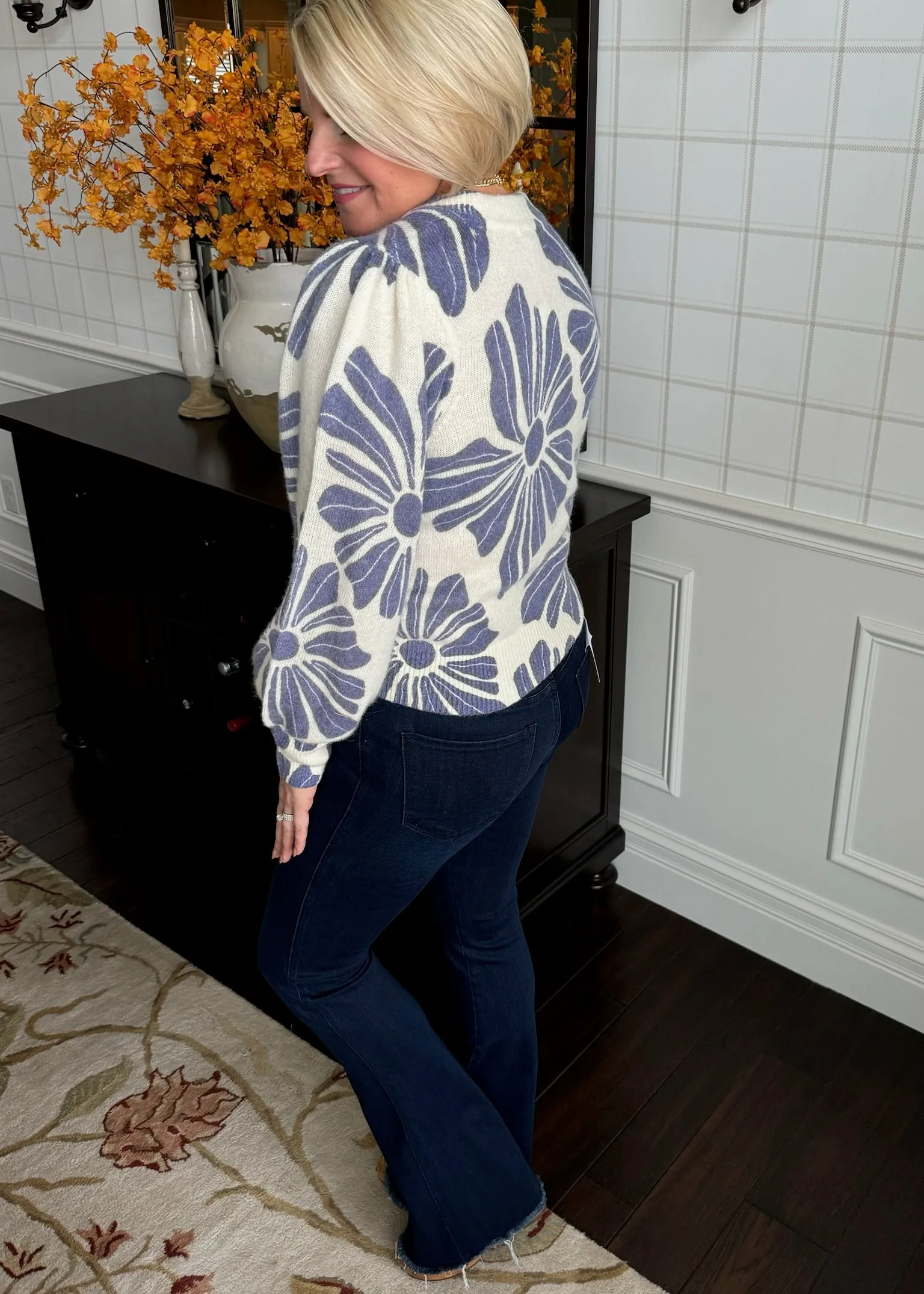 Marine Layer Printed Alma Puff Sleeve Sweater in Royal Blue Floral
