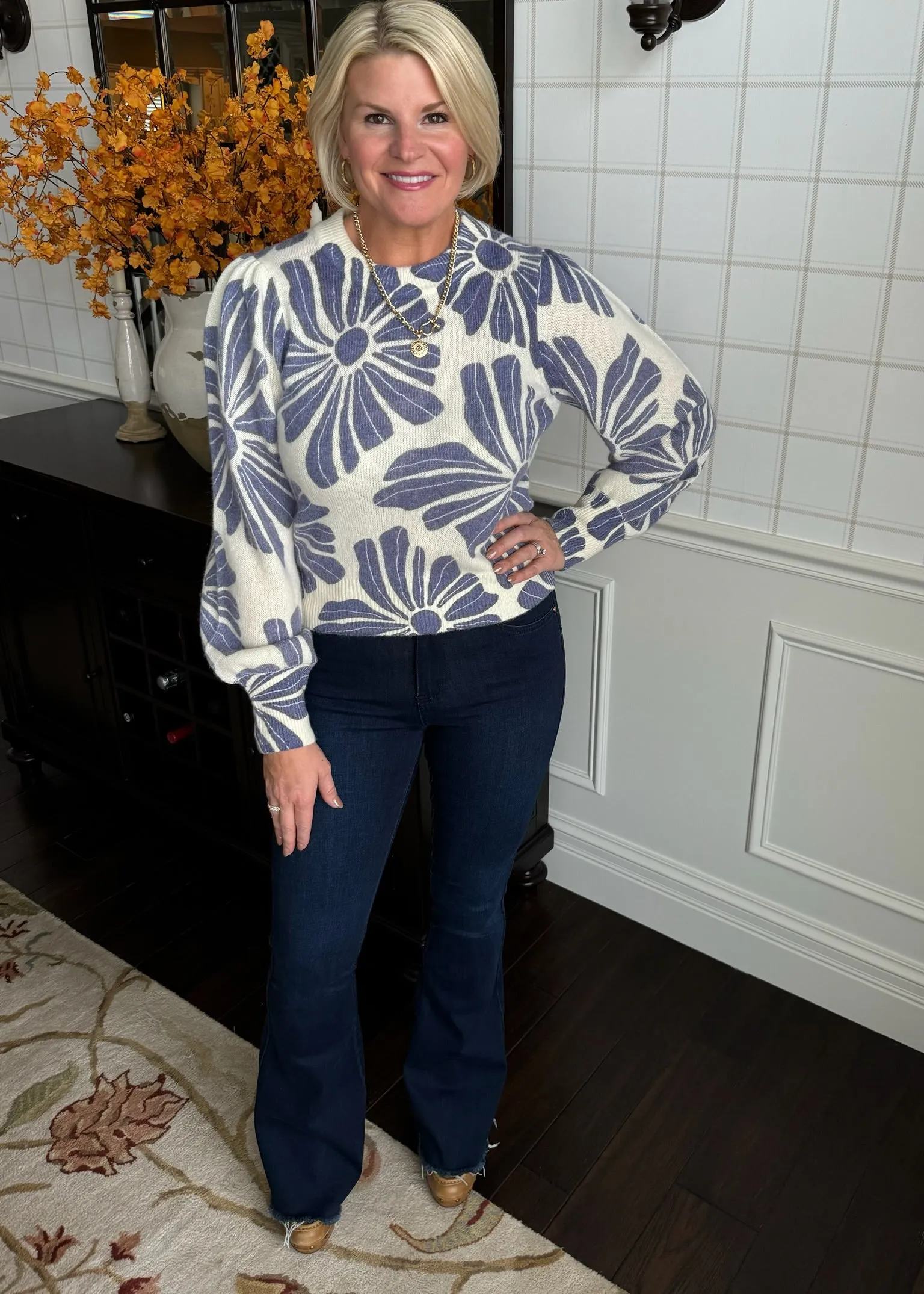 Marine Layer Printed Alma Puff Sleeve Sweater in Royal Blue Floral