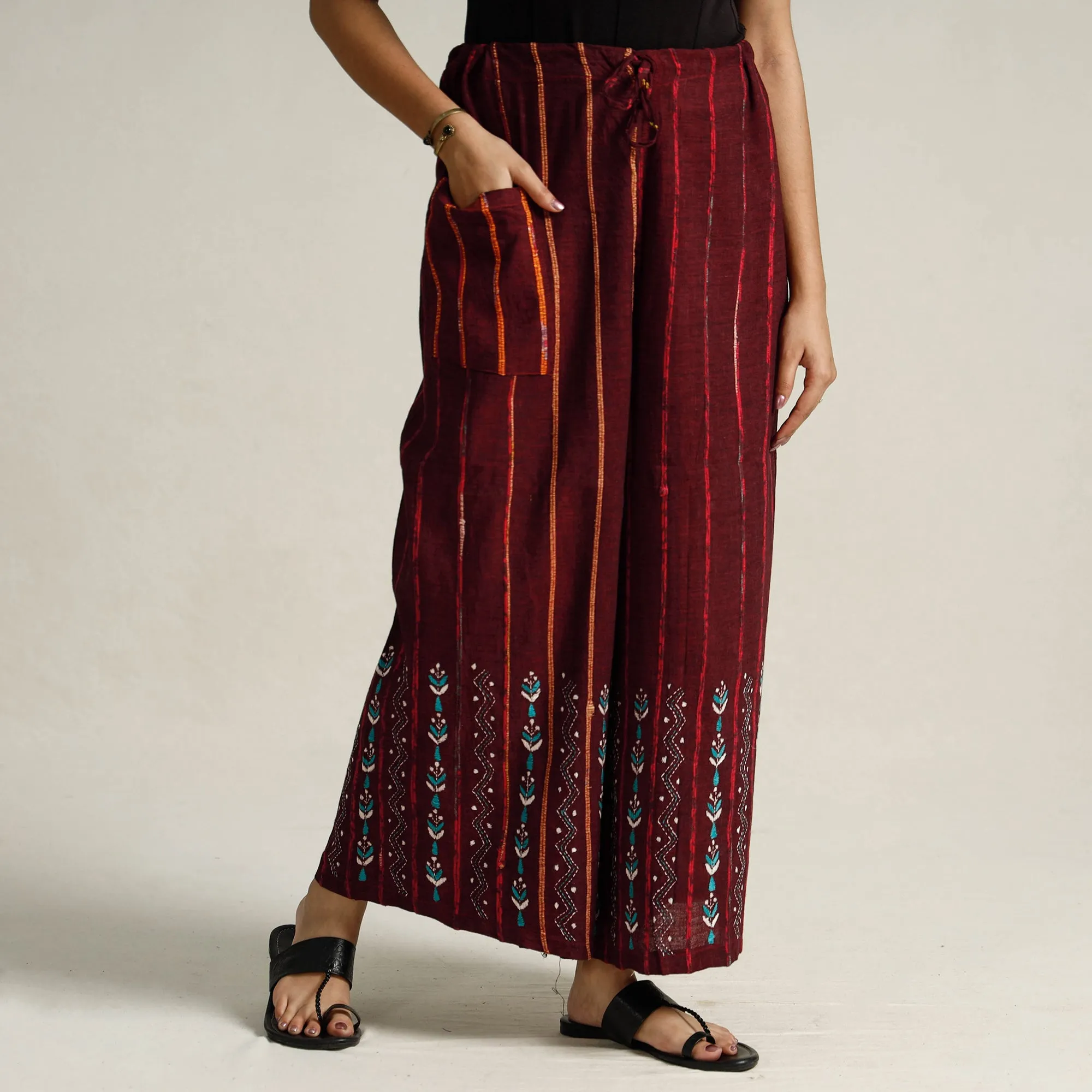 Maroon - Bengal Khesh Weaving Kantha Embroidery Cotton Palazzo 102