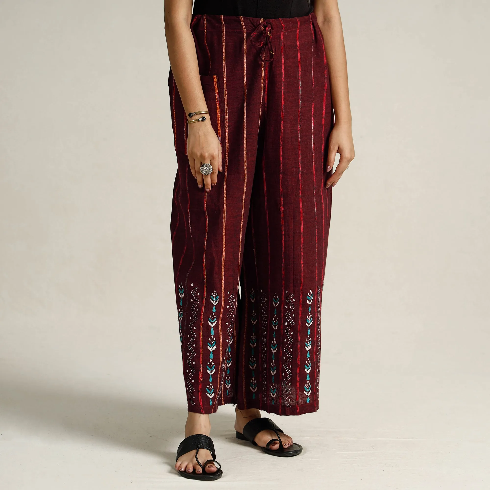 Maroon - Bengal Khesh Weaving Kantha Embroidery Cotton Palazzo 102