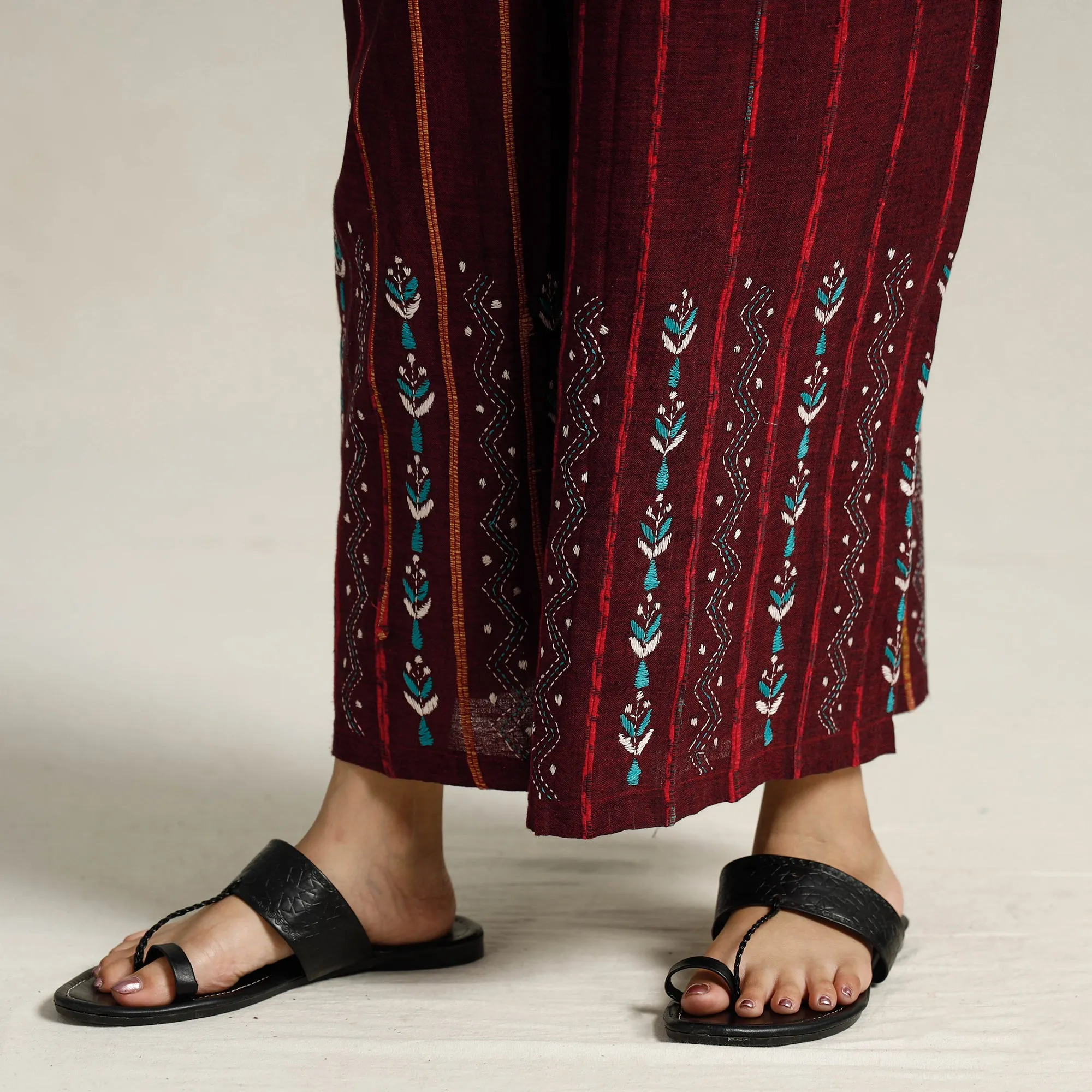 Maroon - Bengal Khesh Weaving Kantha Embroidery Cotton Palazzo 102