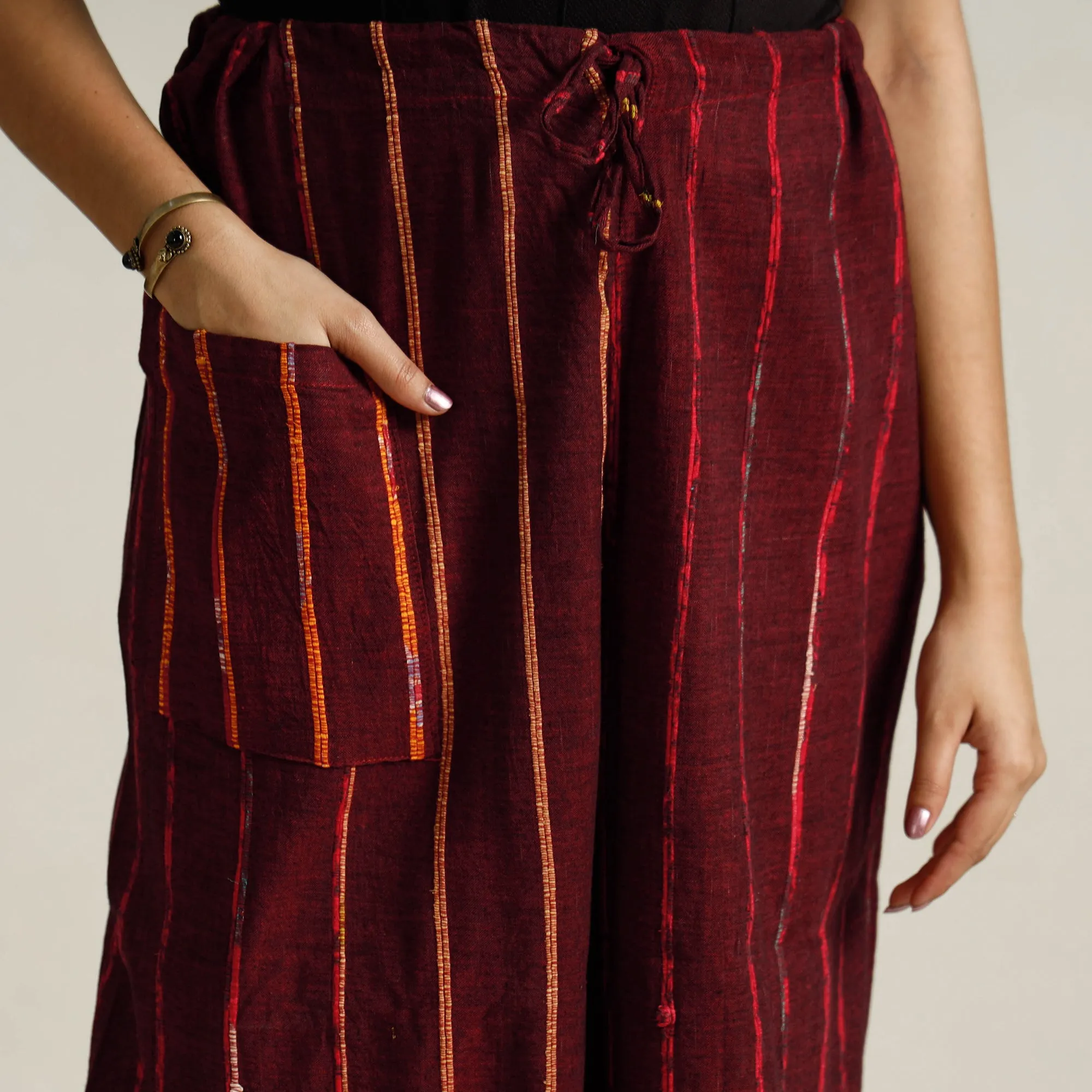 Maroon - Bengal Khesh Weaving Kantha Embroidery Cotton Palazzo 102