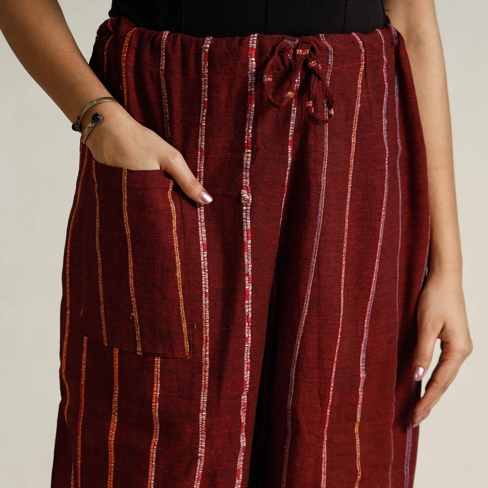 Maroon - Bengal Khesh Weaving Kantha Embroidery Cotton Palazzo 84
