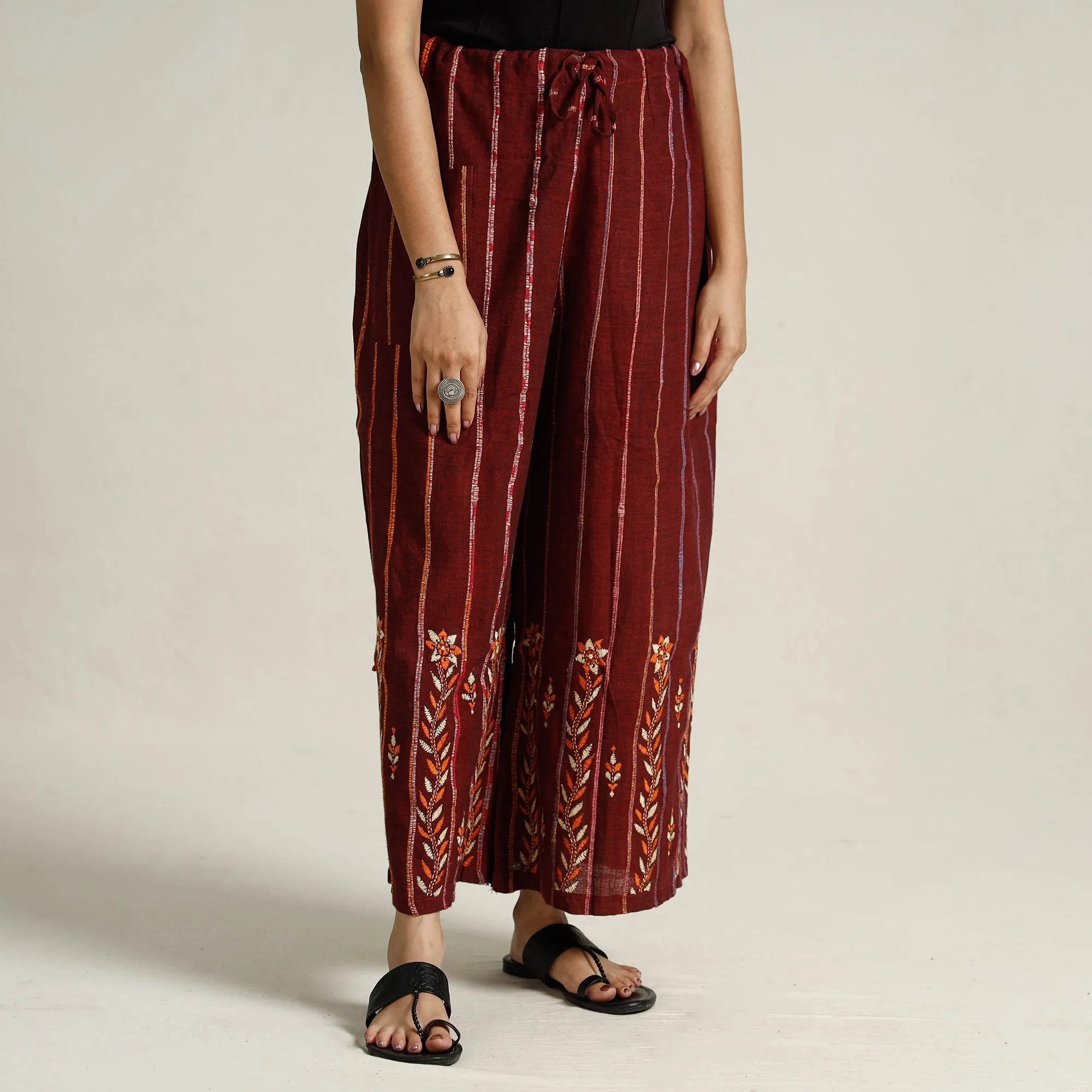 Maroon - Bengal Khesh Weaving Kantha Embroidery Cotton Palazzo 84