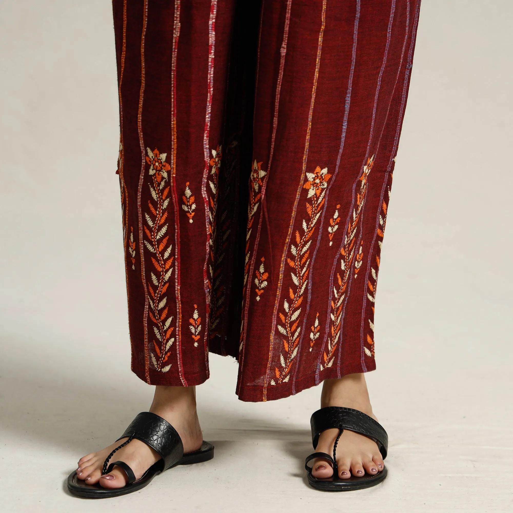Maroon - Bengal Khesh Weaving Kantha Embroidery Cotton Palazzo 84