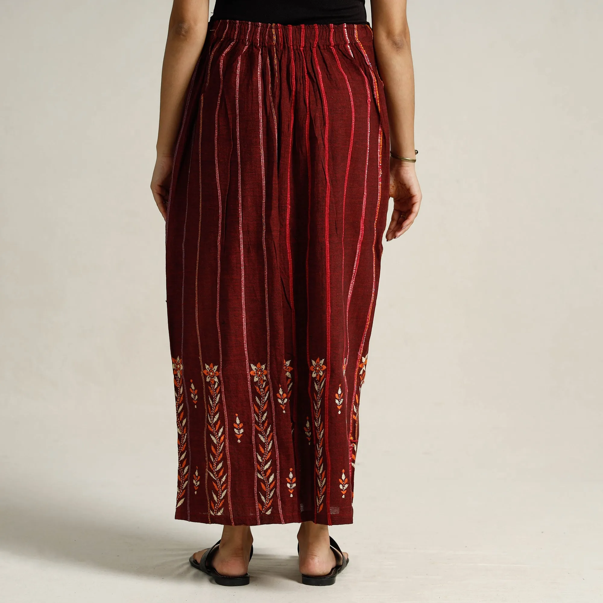 Maroon - Bengal Khesh Weaving Kantha Embroidery Cotton Palazzo 84