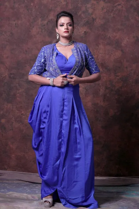 Navy Blue Indo-Western Lehenga Choli With Jacket.