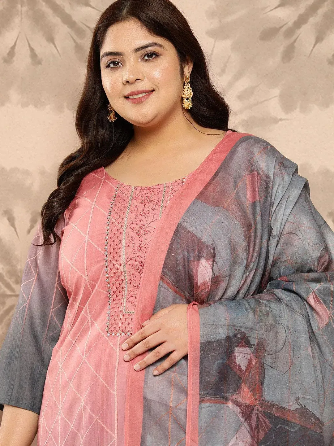 Peach Yoke Design Silk Blend Straight Kurta With Trousers and Dupatta