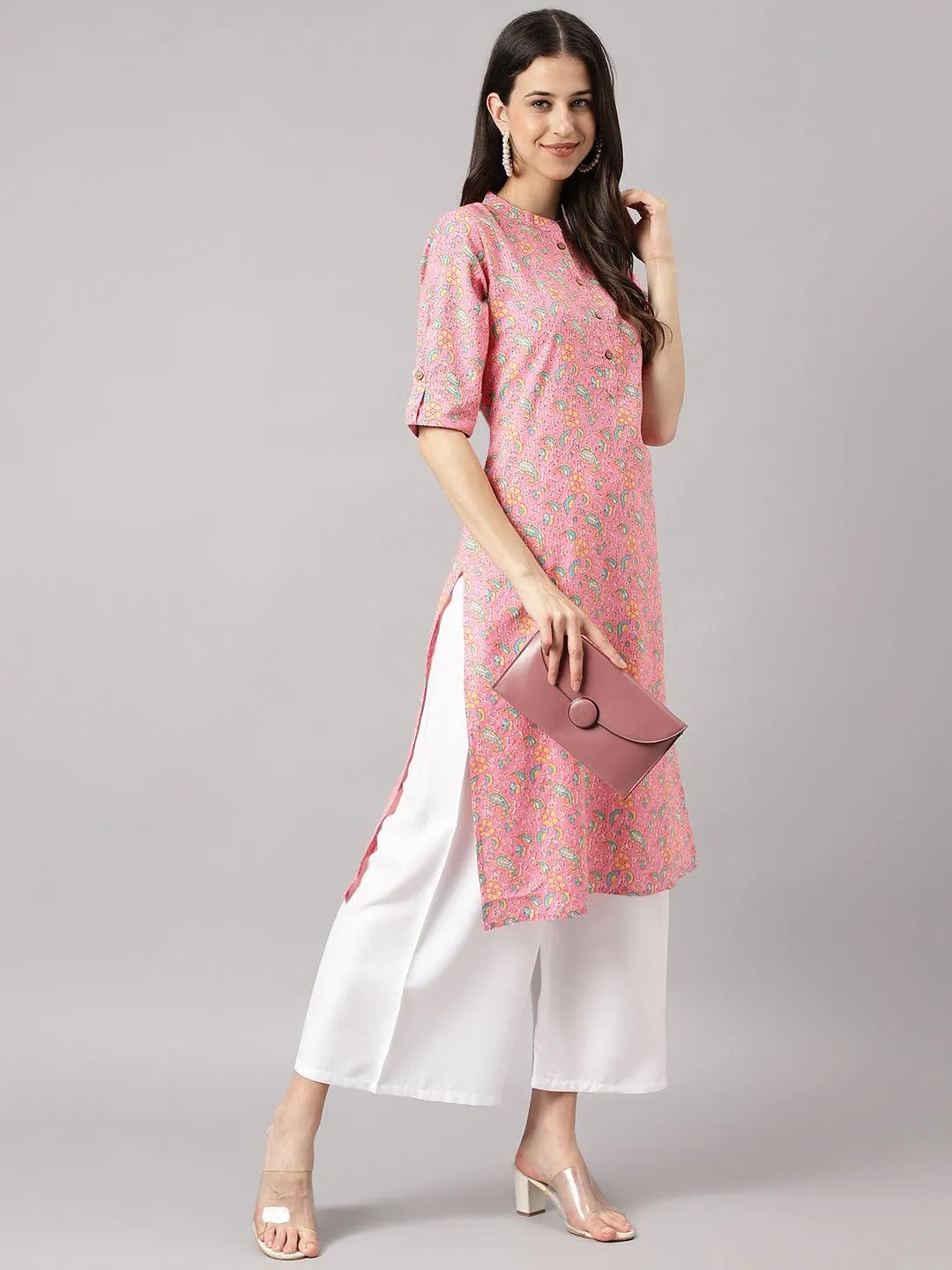 Pink And Green Cotton Katha Work Straight Kurta