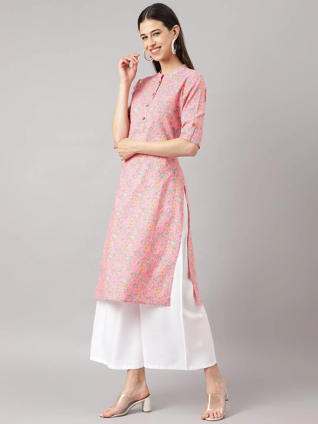 Pink And Green Cotton Katha Work Straight Kurta