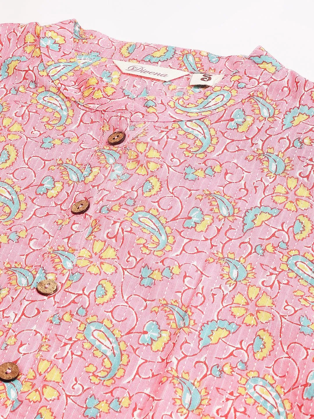Pink And Green Cotton Katha Work Straight Kurta