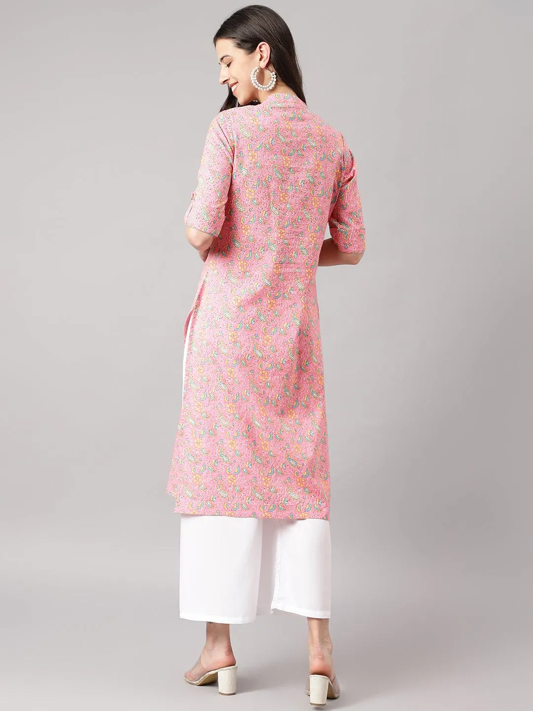 Pink And Green Cotton Katha Work Straight Kurta