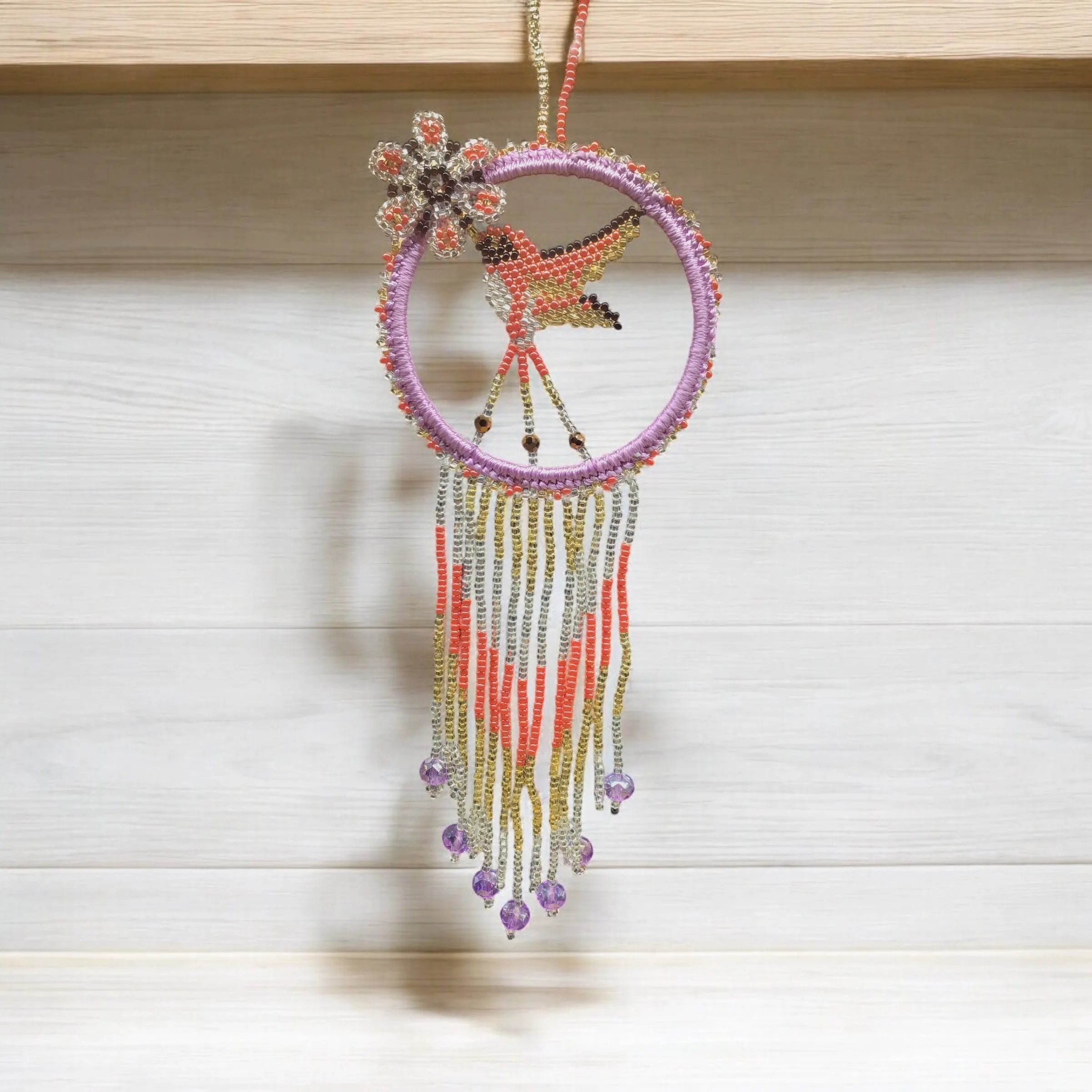Purple and Golden Native Beaded Hummingbird