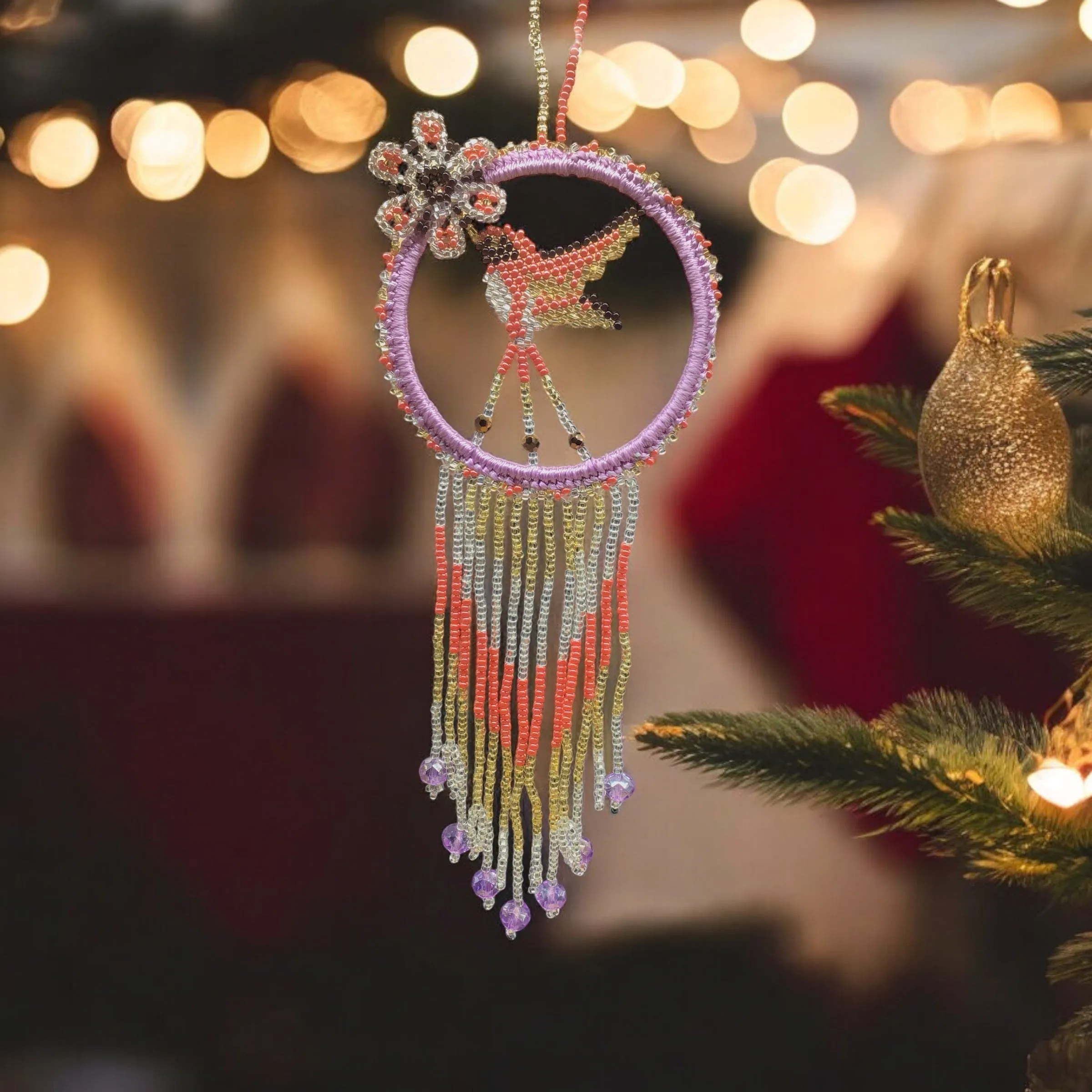 Purple and Golden Native Beaded Hummingbird