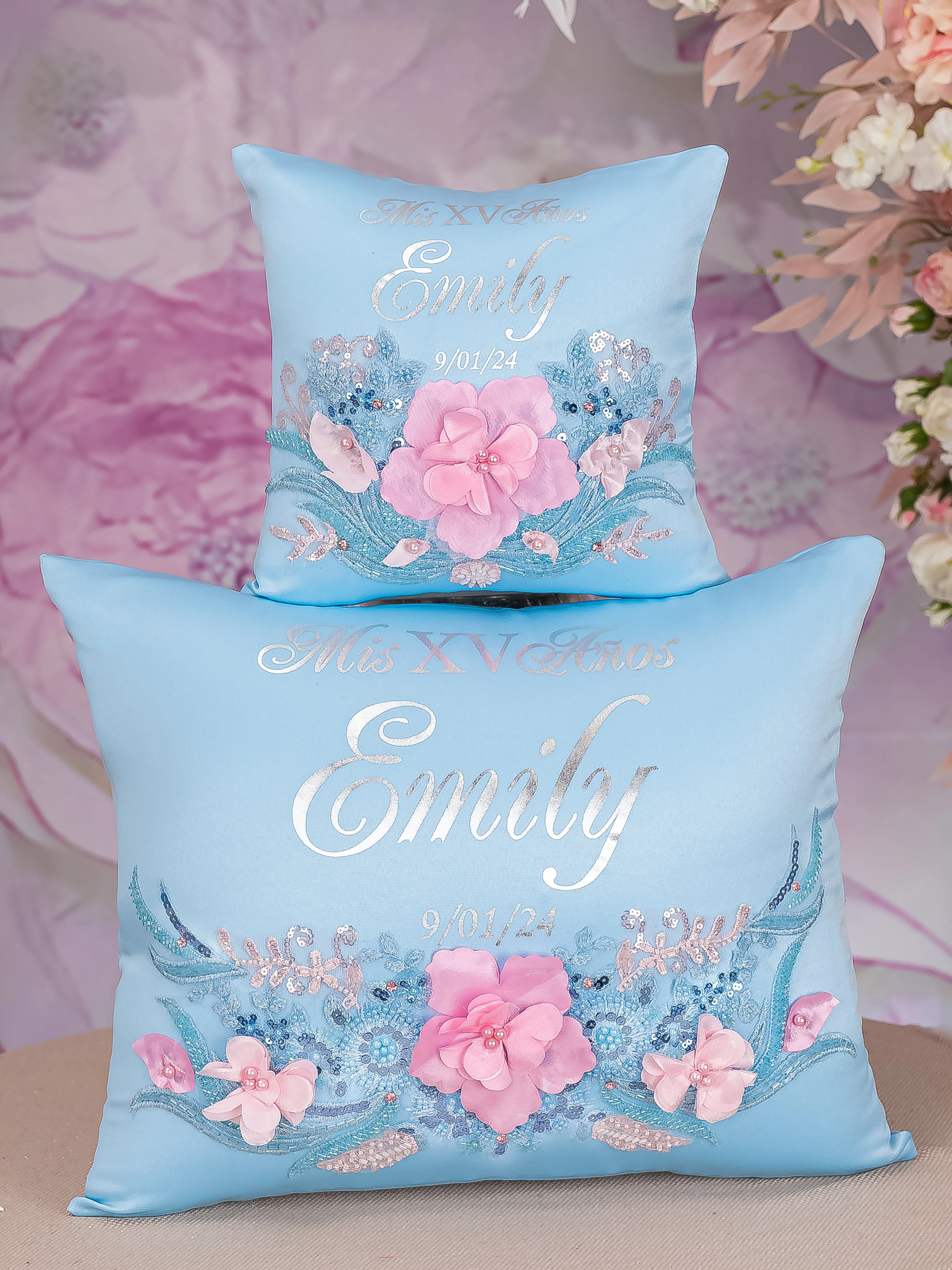 quinceanera kneeling pillow, mi quinceanera church candle, quince bible and rosary