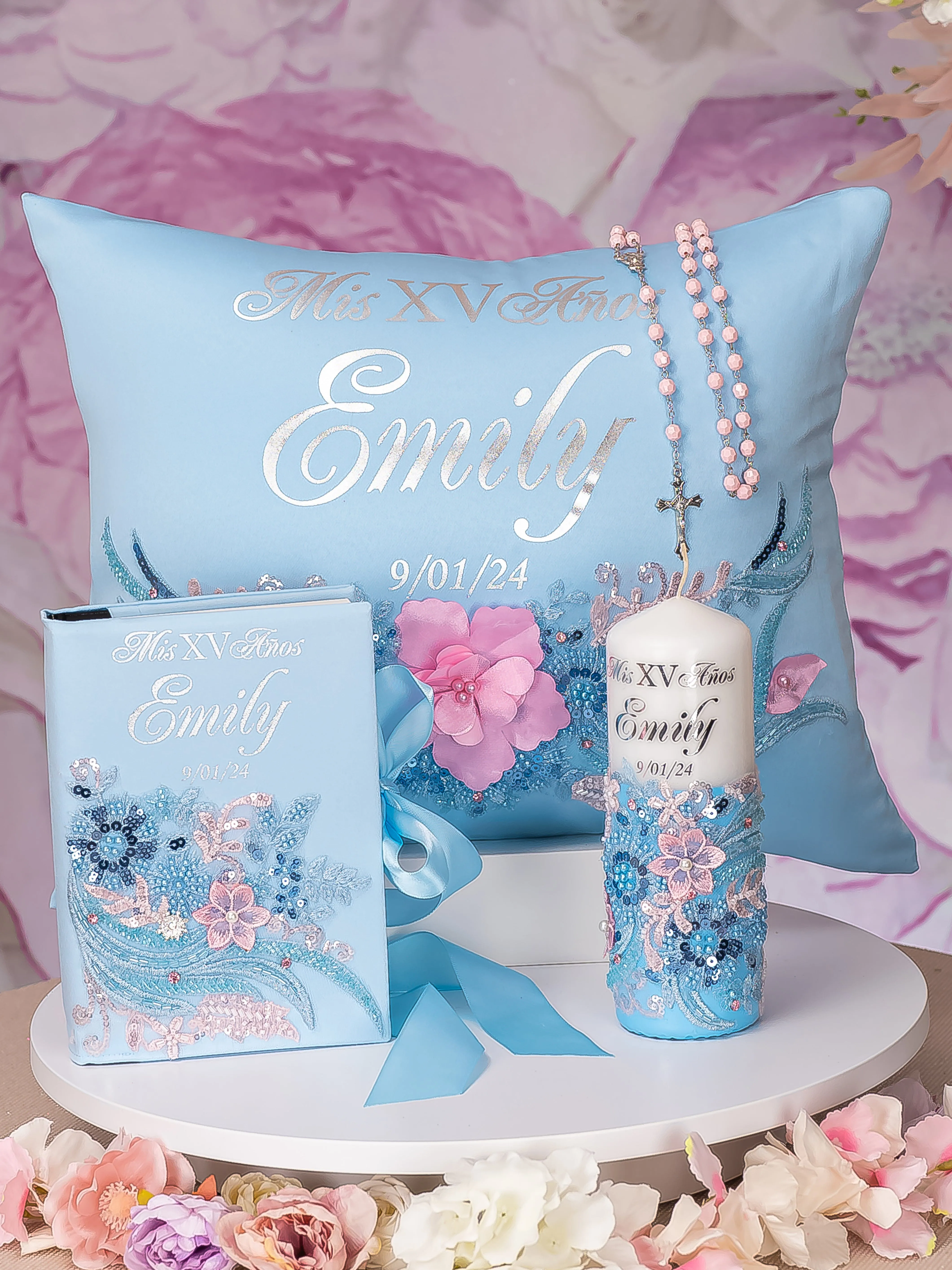 quinceanera kneeling pillow, mi quinceanera church candle, quince bible and rosary