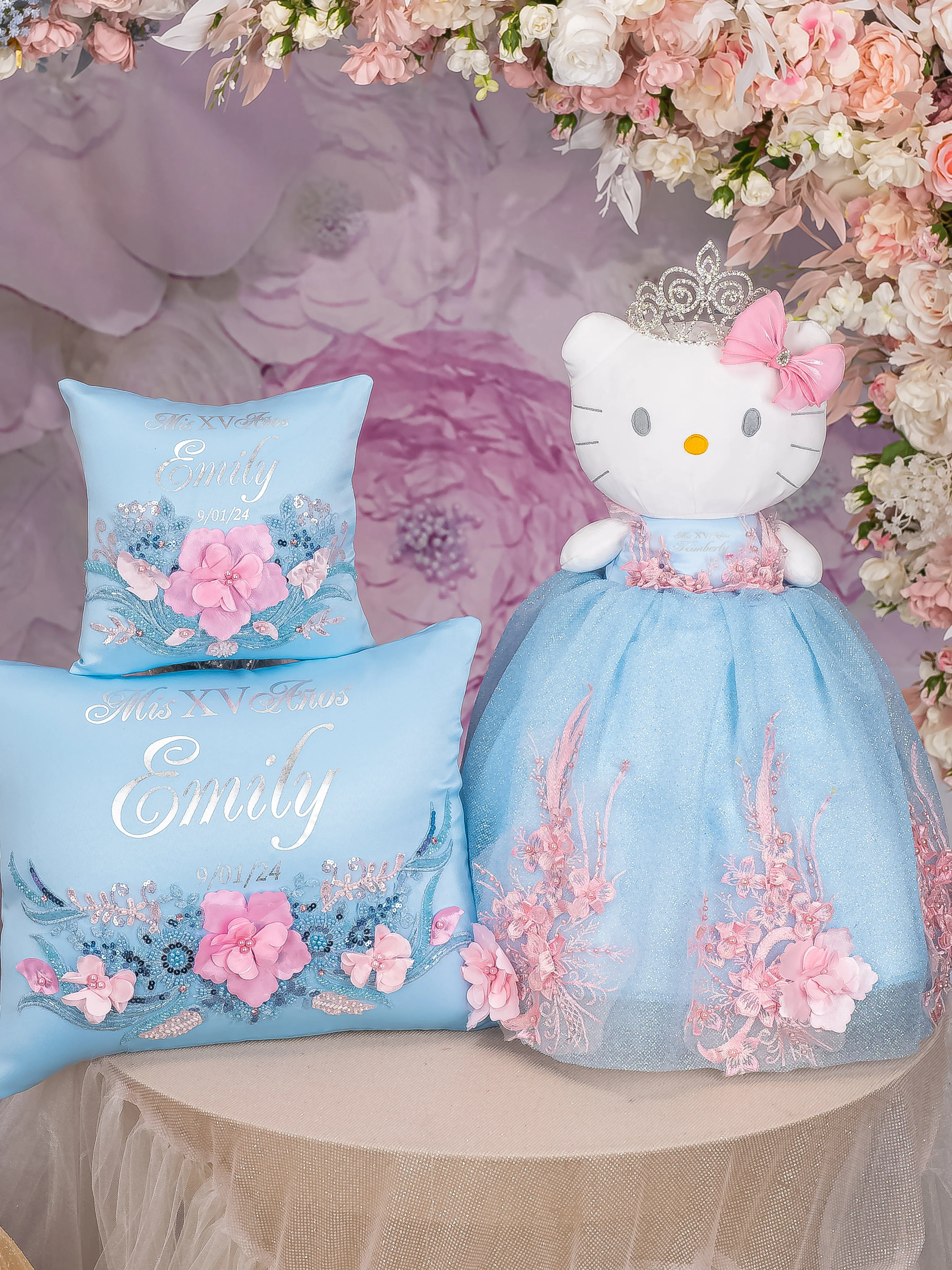 quinceanera kneeling pillow, mi quinceanera church candle, quince bible and rosary