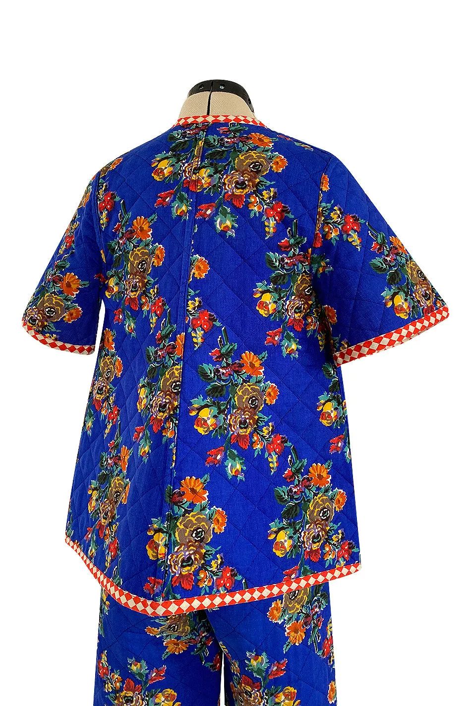 Rare 1971 Marion Foale and Sally Tuffin Blue Floral & Red Checked Pant Jacket & Hat Set
