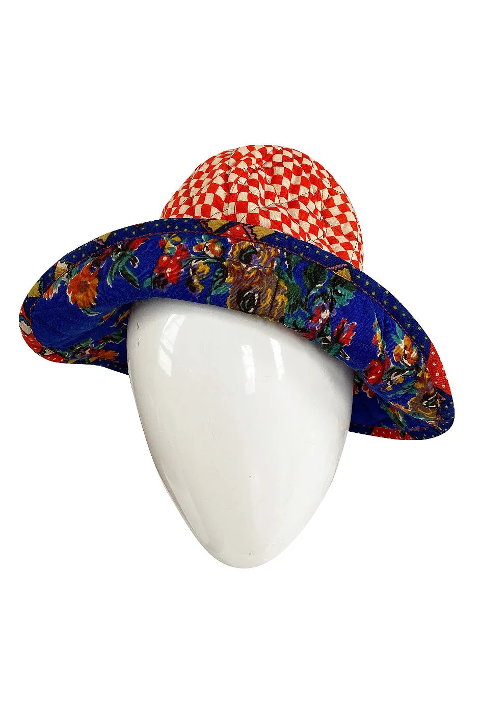 Rare 1971 Marion Foale and Sally Tuffin Blue Floral & Red Checked Pant Jacket & Hat Set