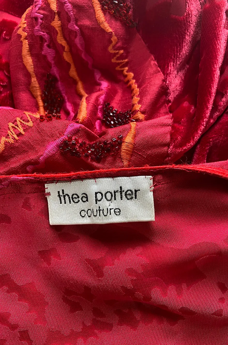 Rare 1977 Thea Porter Couture Documented Cherry Red Fused Velvet Open Front Abaya Caftan