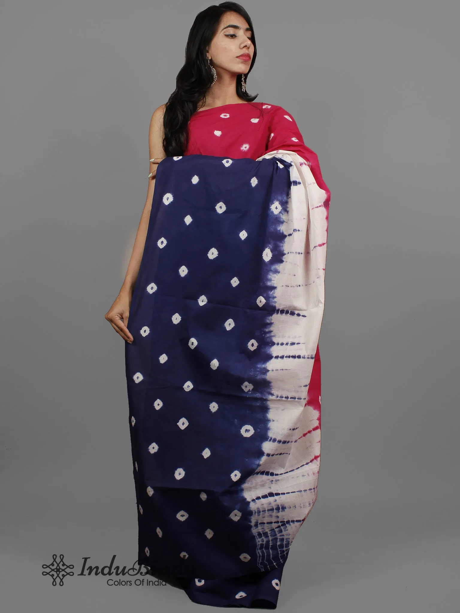 Red Indigo Ivory Hand Shibori Dyed Cotton Saree - S031702412