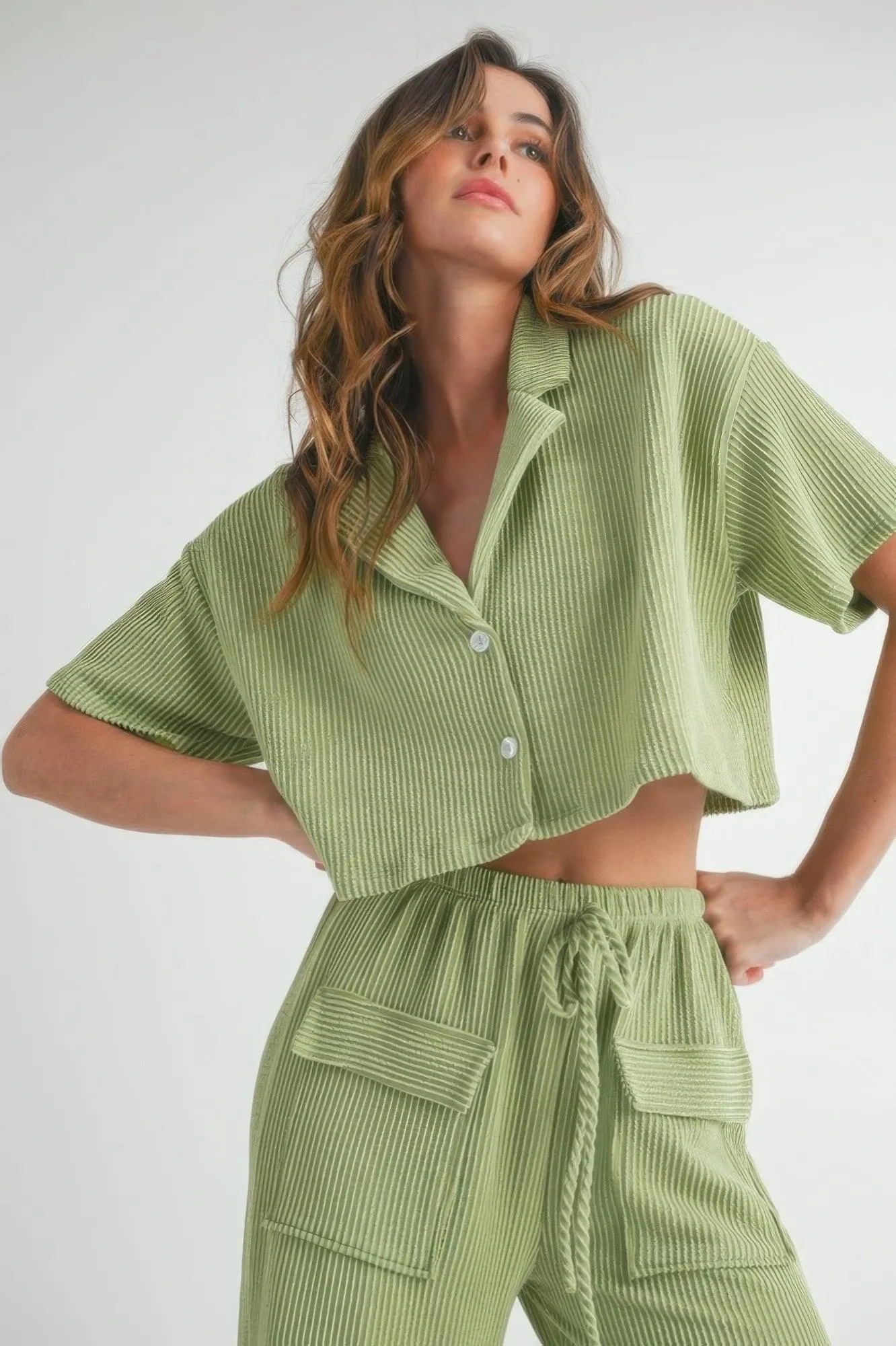 Sage Short Sleeve Crop Top and Pants Set