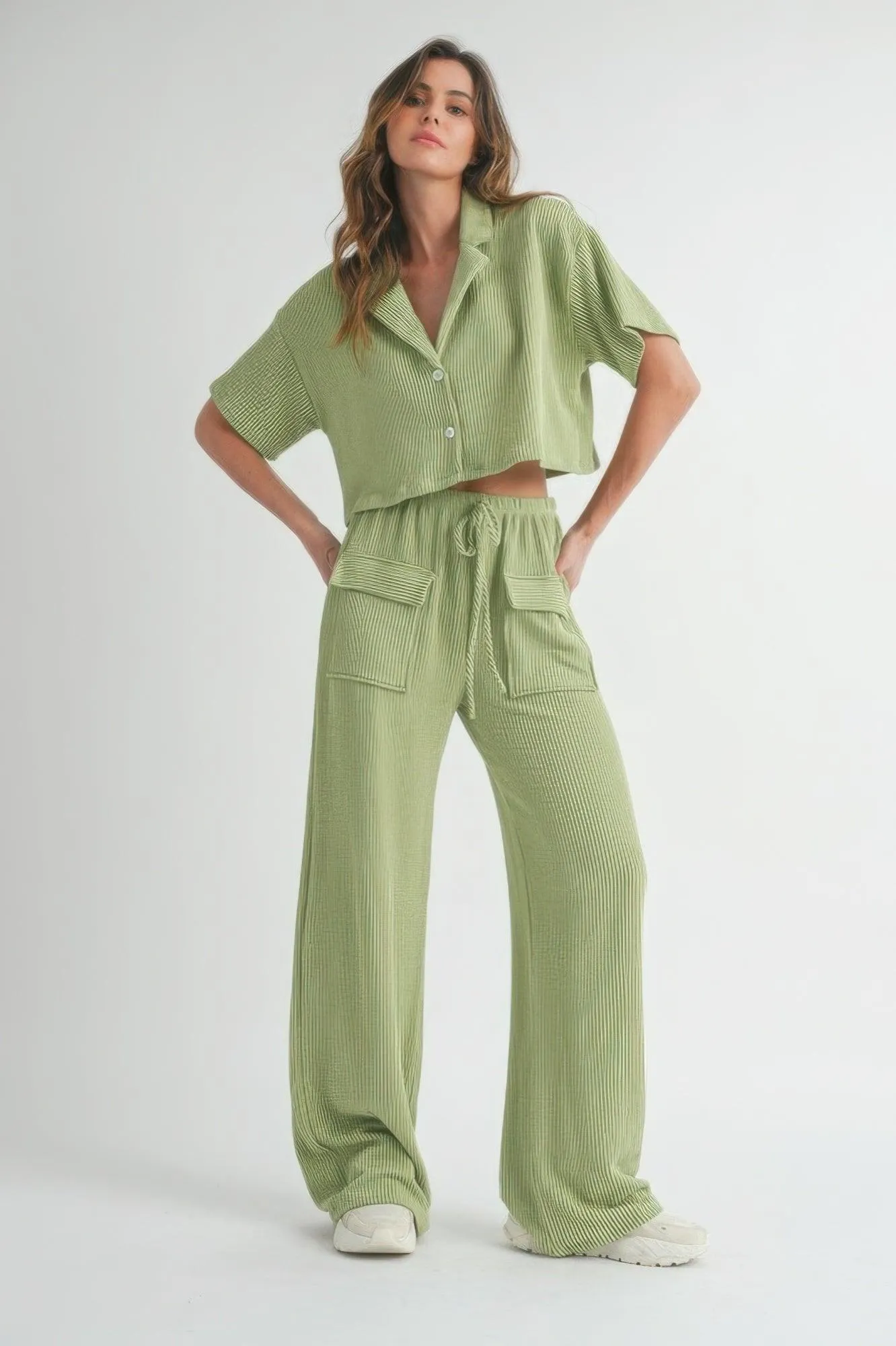 Sage Short Sleeve Crop Top and Pants Set