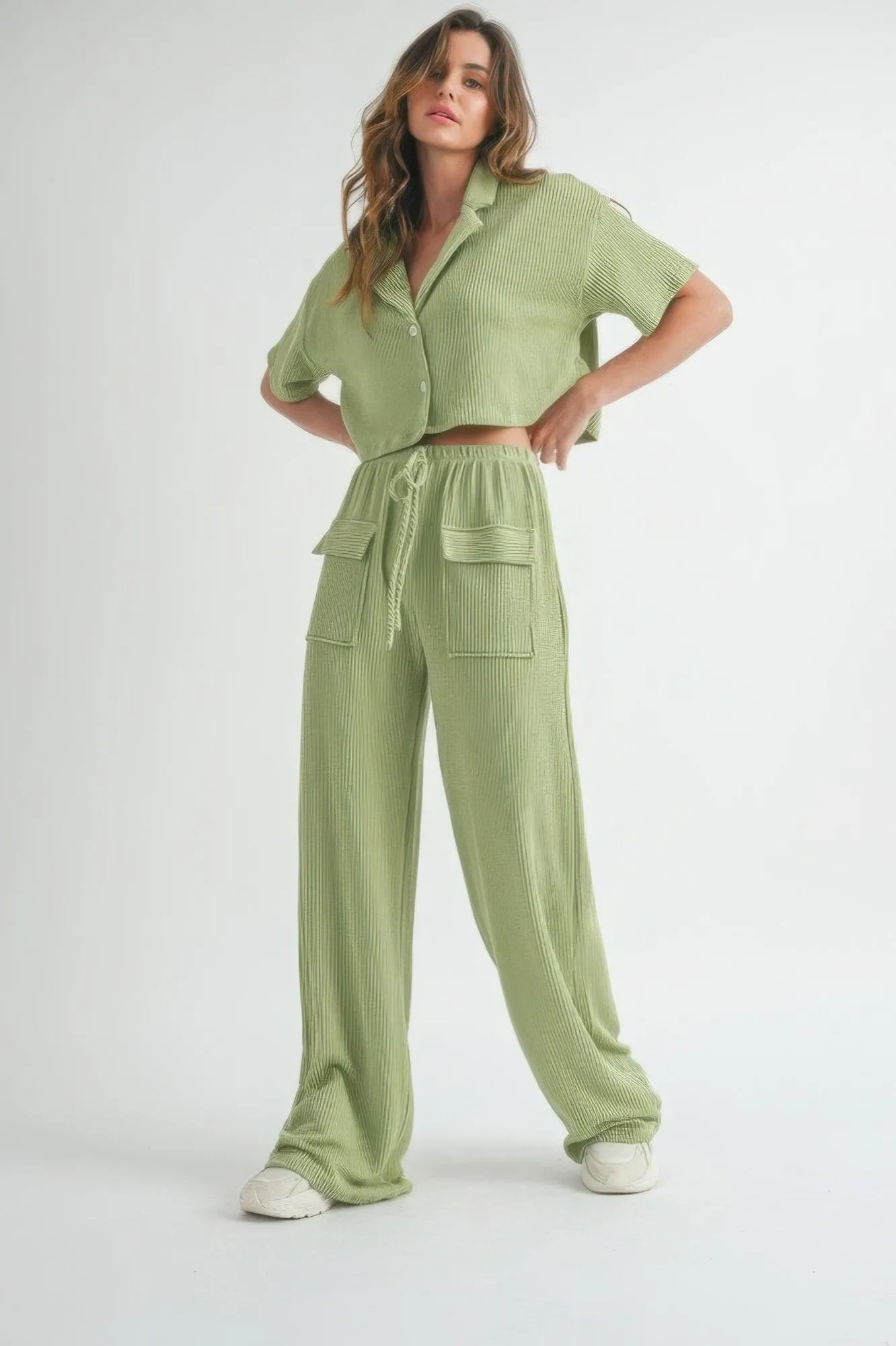 Sage Short Sleeve Crop Top and Pants Set
