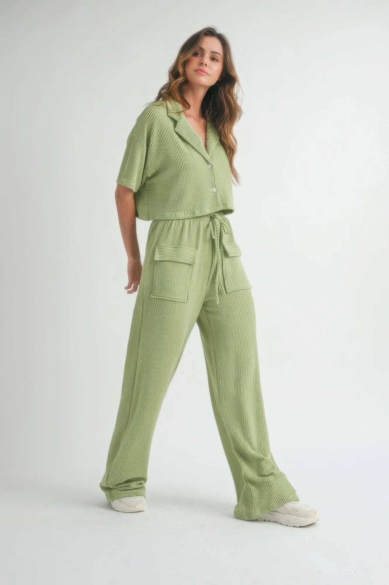 Sage Short Sleeve Crop Top and Pants Set