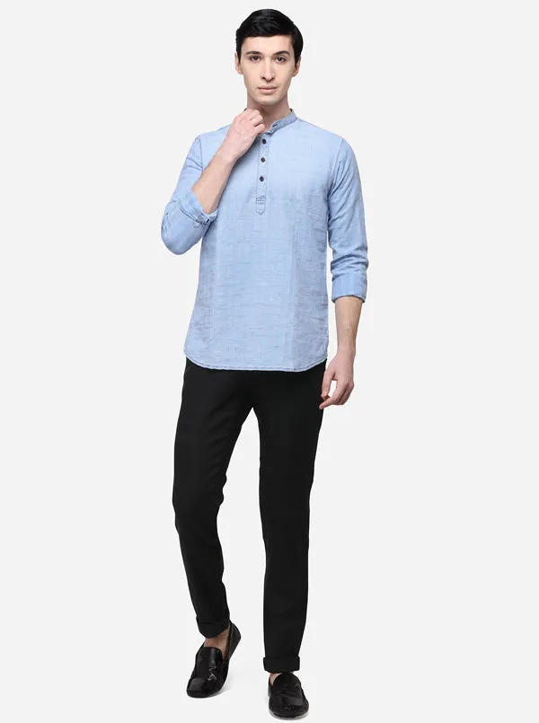 Sky Blue Checked Slim Fit Short Kurta | JadeBlue