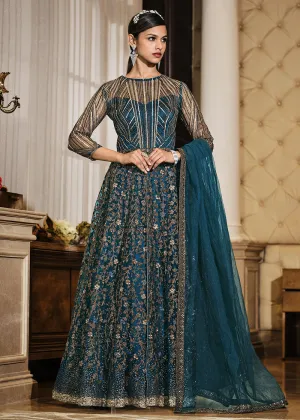 Teal Blue Lehenga/Pant Style Embroidered Designer Anarkali Suit
