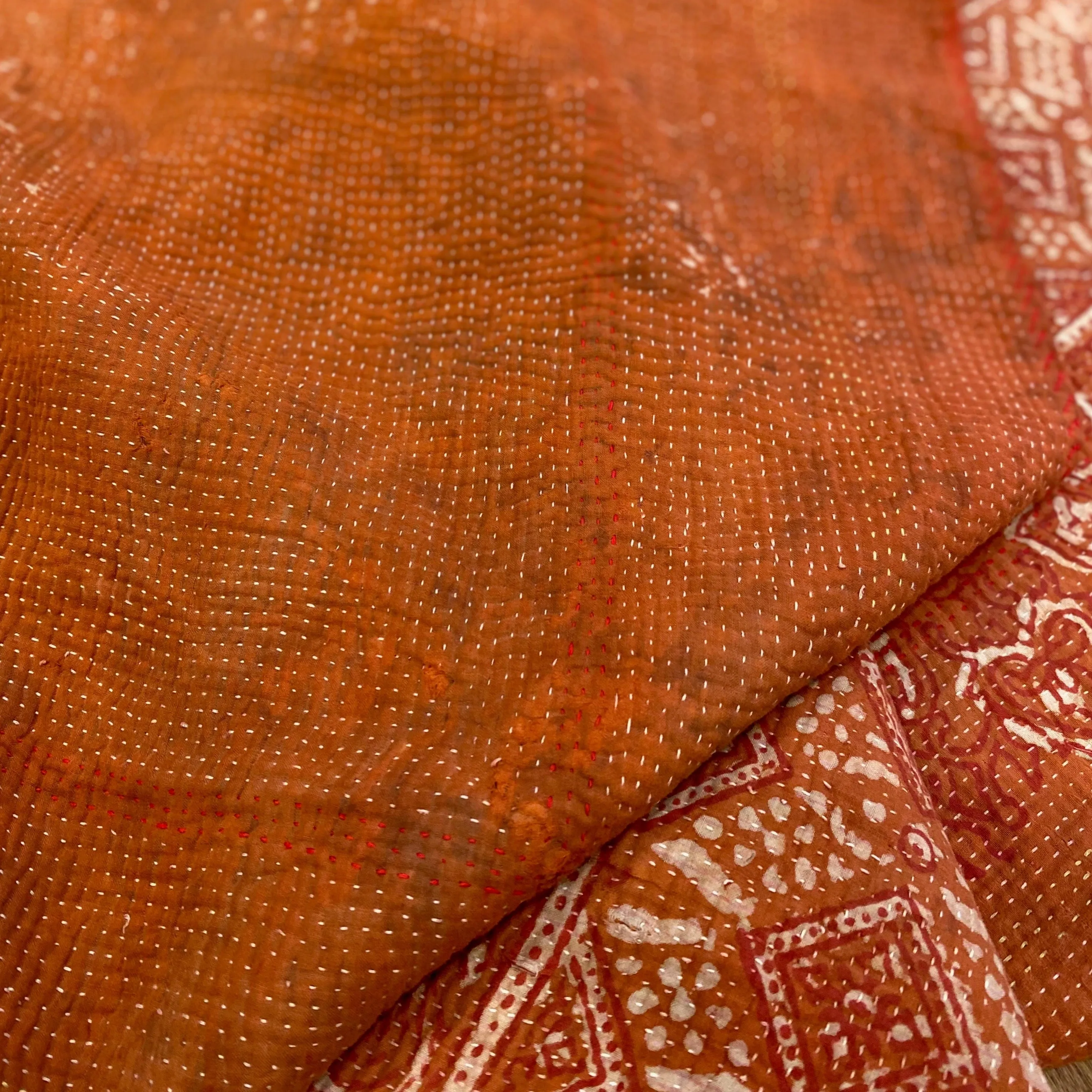 Vintage Kantha Orange Block Print with orange Background