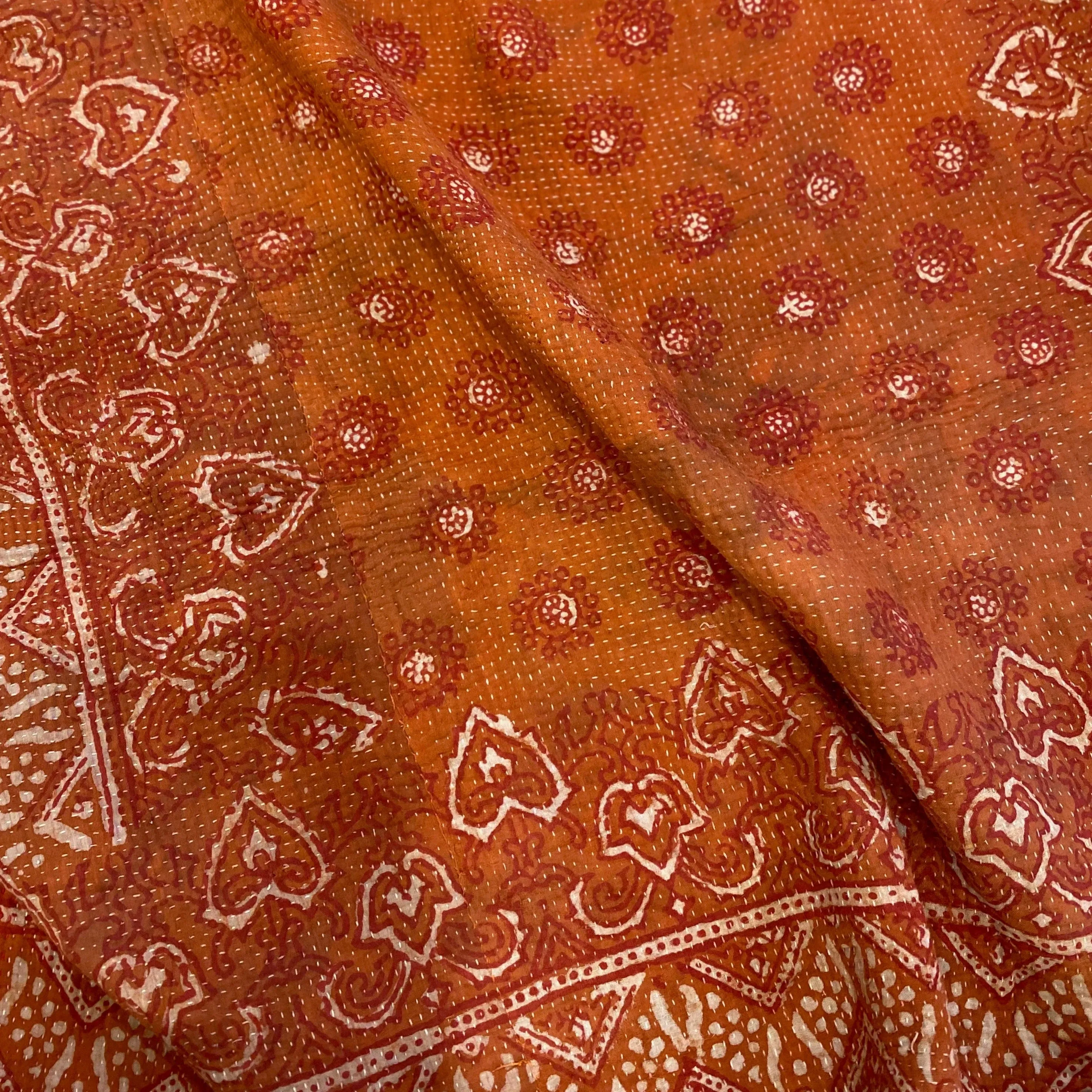 Vintage Kantha Orange Block Print with orange Background
