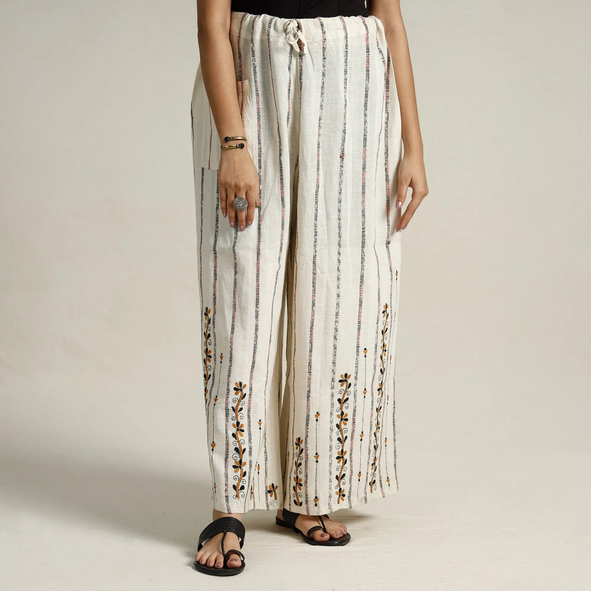 White - Bengal Khesh Weaving Kantha Embroidery Cotton Palazzo 47