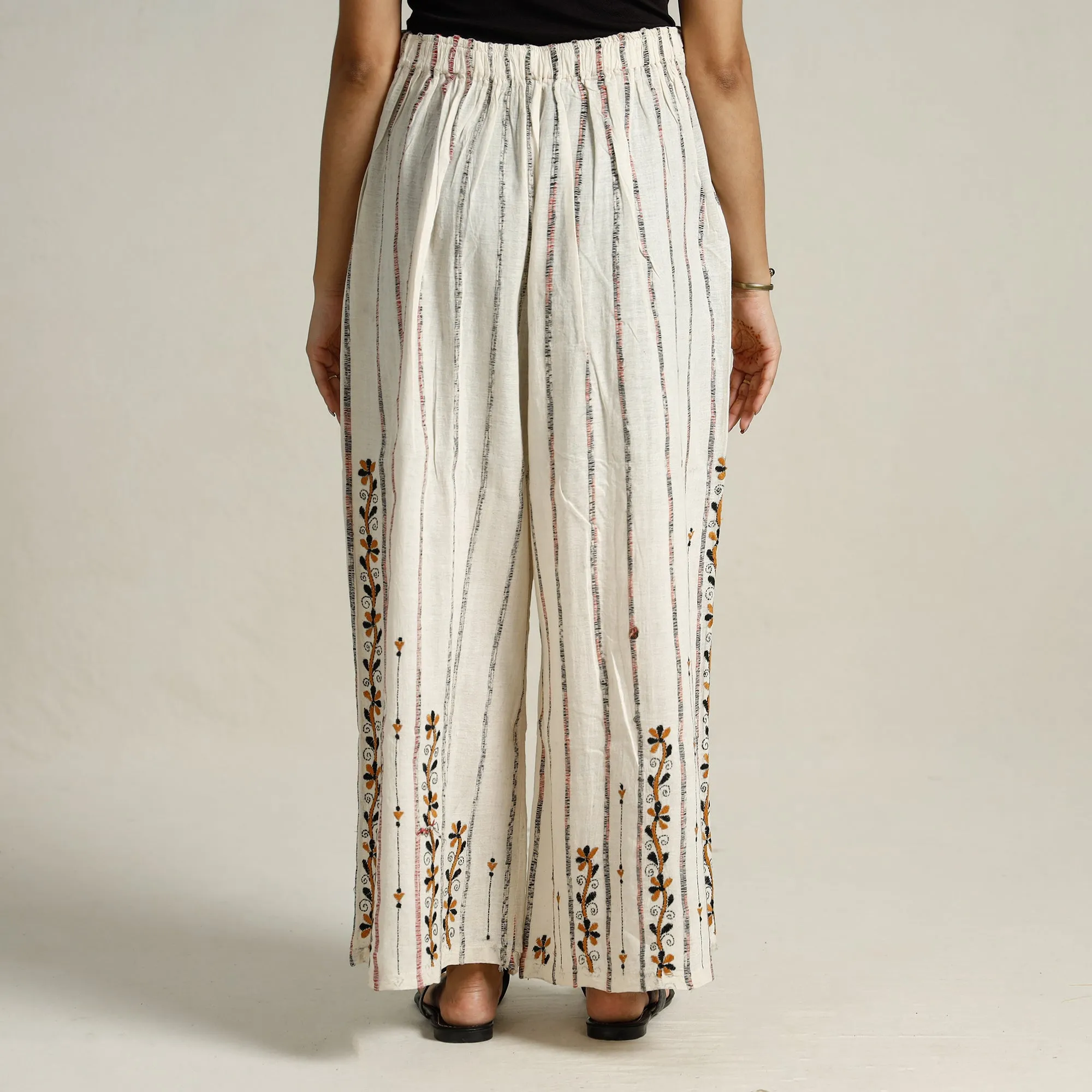 White - Bengal Khesh Weaving Kantha Embroidery Cotton Palazzo 47