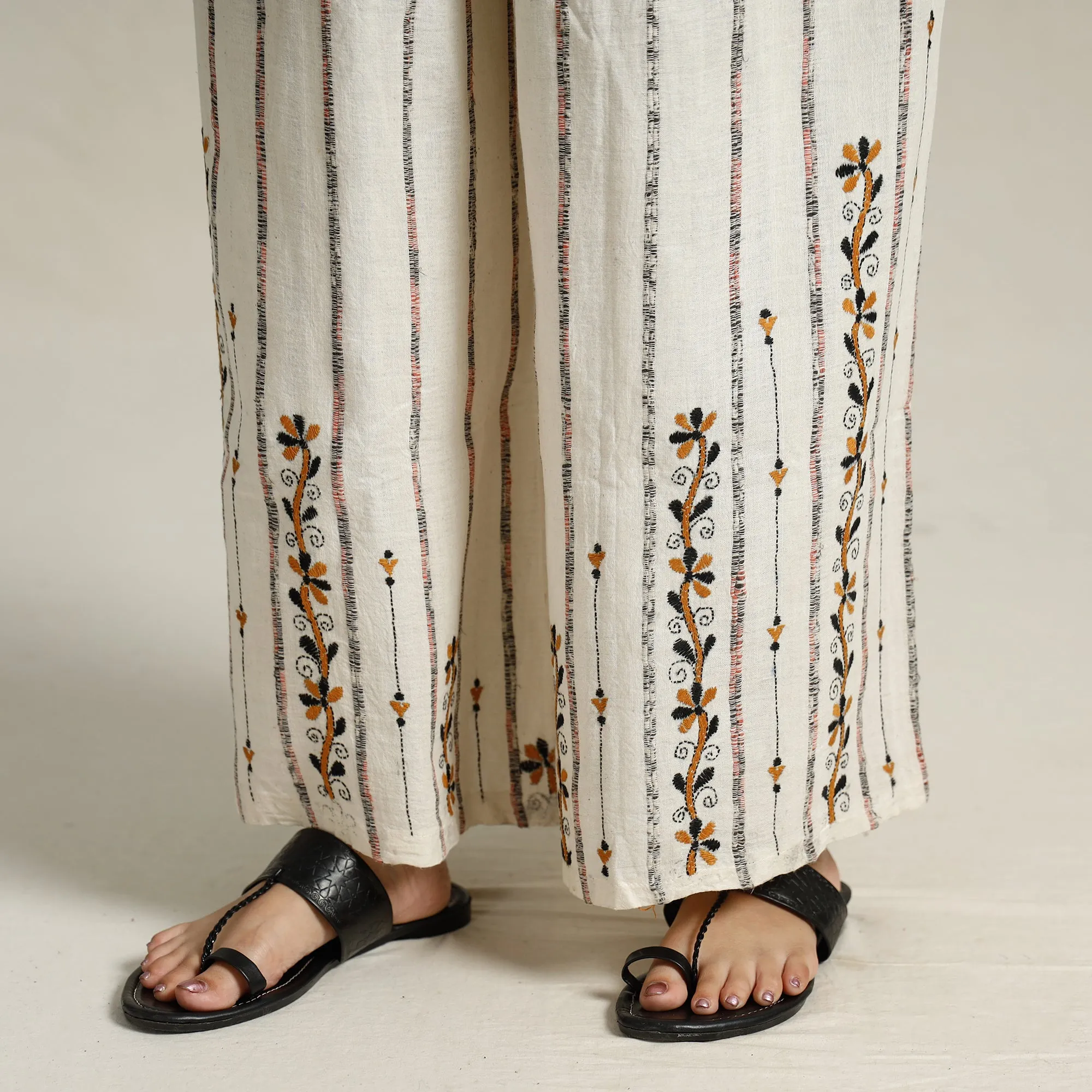 White - Bengal Khesh Weaving Kantha Embroidery Cotton Palazzo 47