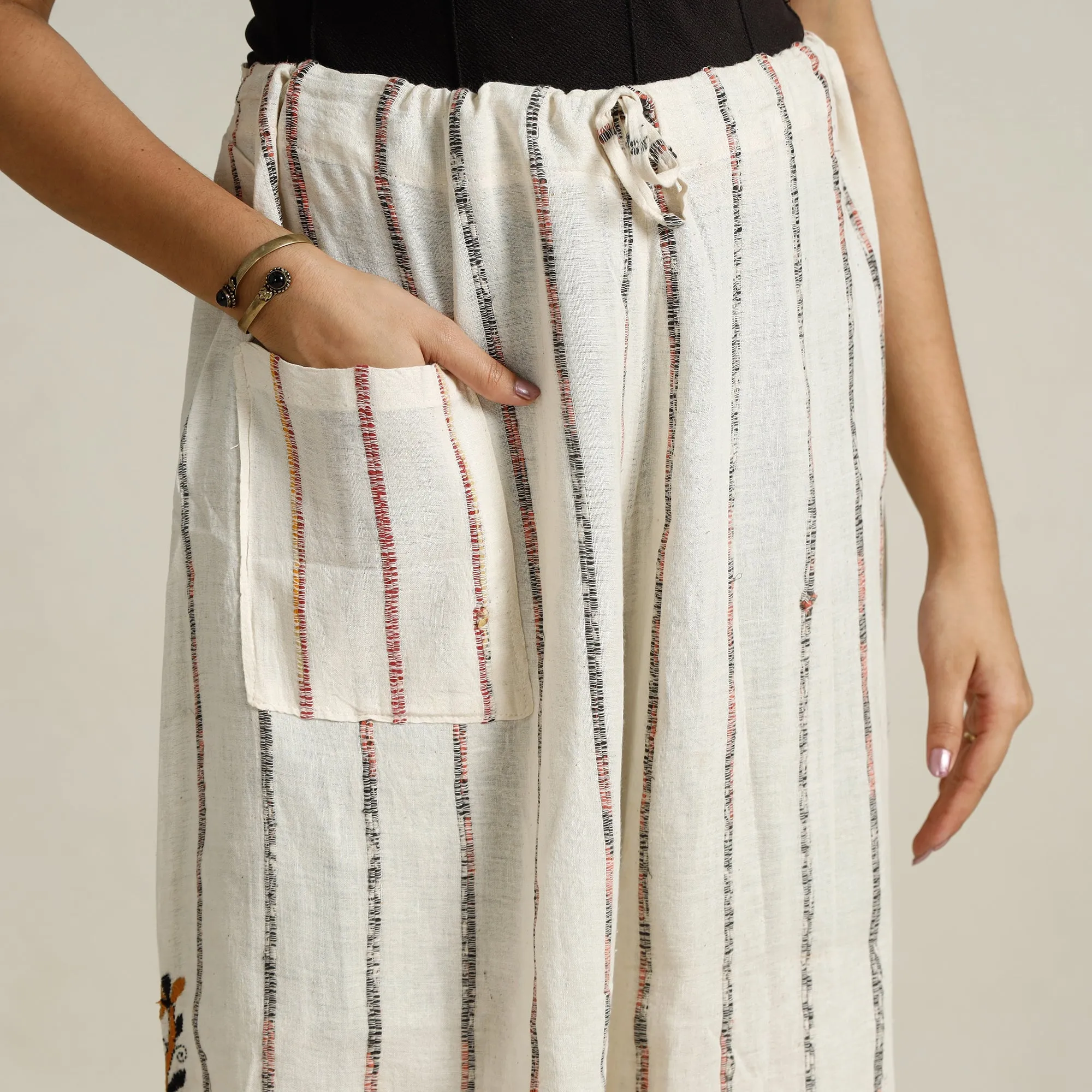 White - Bengal Khesh Weaving Kantha Embroidery Cotton Palazzo 47