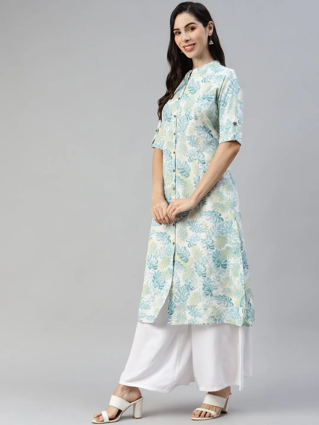 White Floral Printed Cotton Flex A-Line Kurta