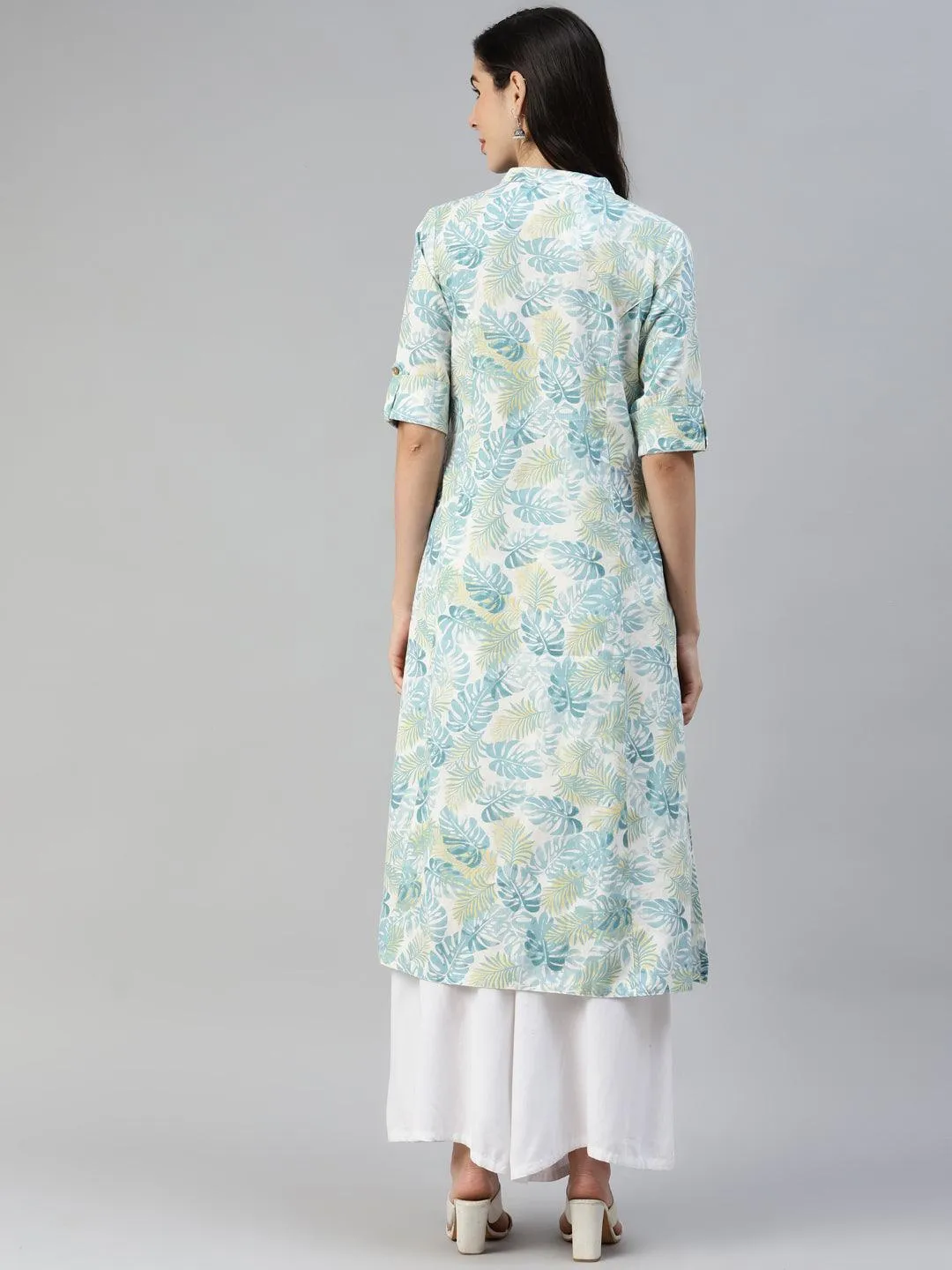 White Floral Printed Cotton Flex A-Line Kurta