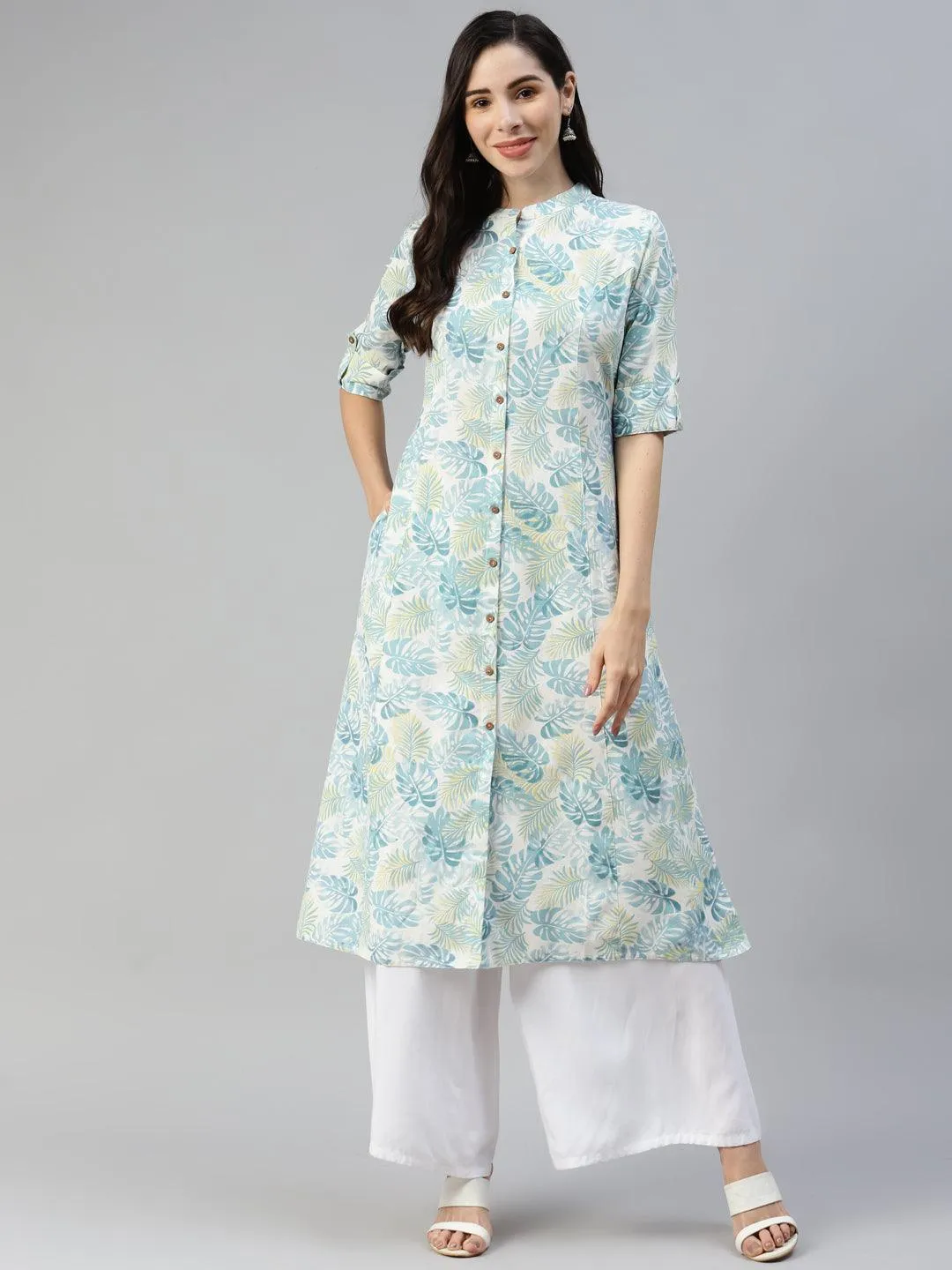 White Floral Printed Cotton Flex A-Line Kurta