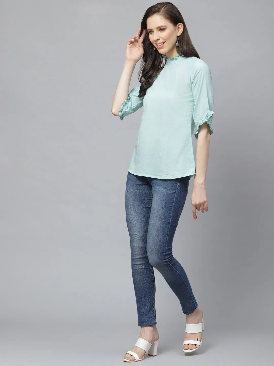Women Blue A-Line Solid High Neck Top
