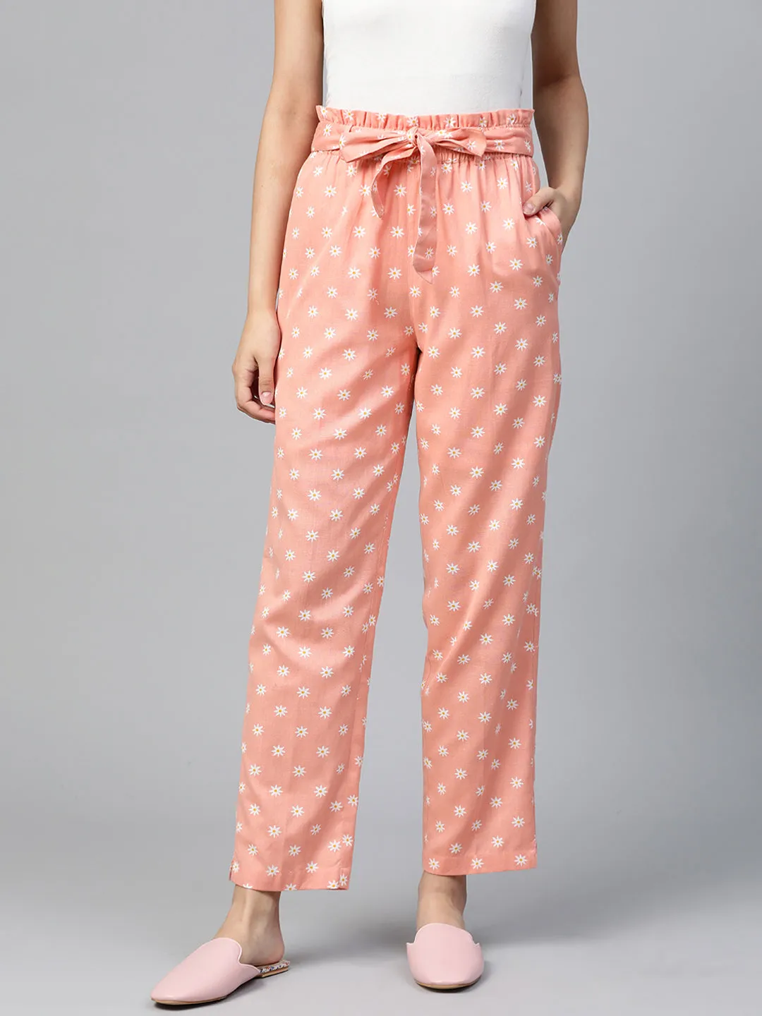 Women Peach Floral Tapered Belted Pants