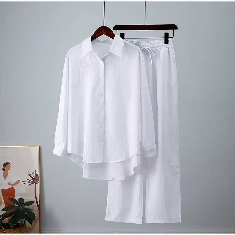 Women's Casual Loose Elastic Long-sleeved Shirt and Wide-leg Pants Outfit Set