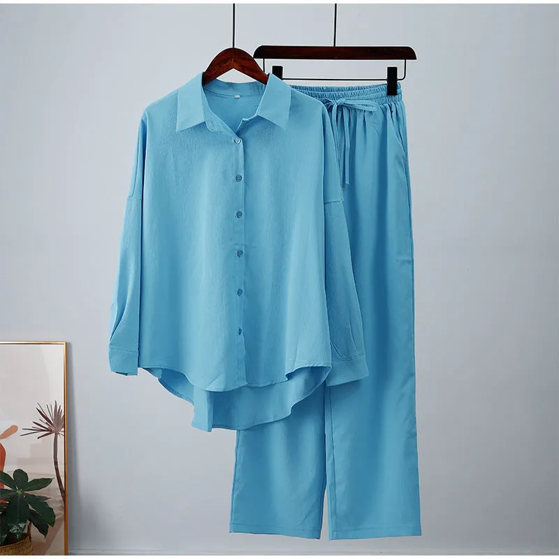 Women's Casual Loose Elastic Long-sleeved Shirt and Wide-leg Pants Outfit Set